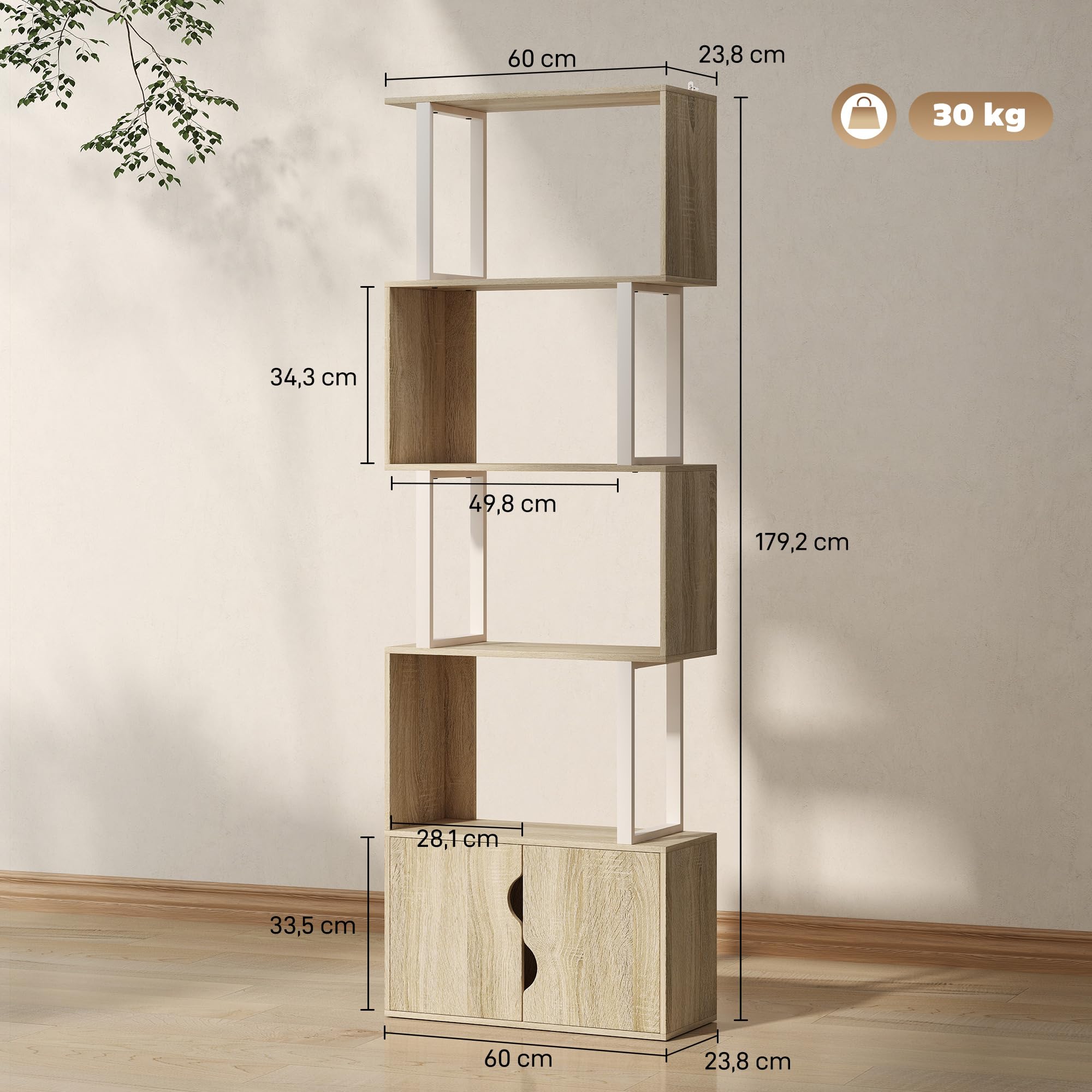 HOMCOM Bibliothèque à 5 Niveaux en Forme de S 60 x 23,8 x 179,2 cm Naturel
