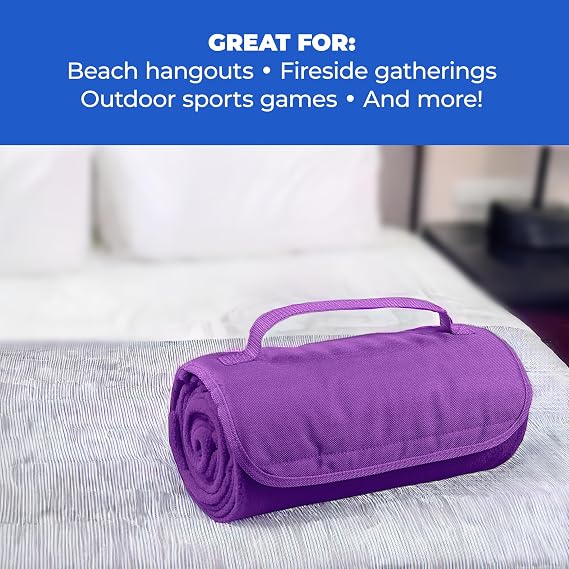 25 Ct of Roll-Up Blankets for Camping, Travel, Outdoors, Beach, Picnics Royal Blue Hook + Loop Closure for Easy Use in Cars & on Airplanes Customizable for Promotions & Events