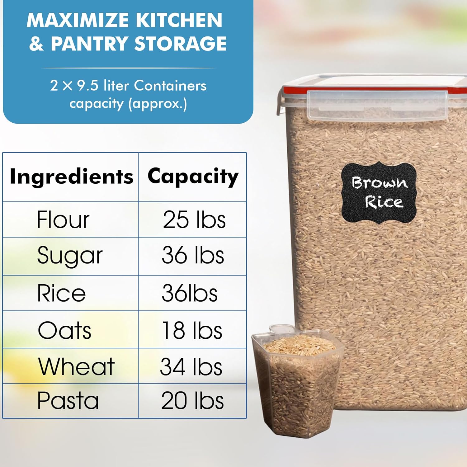 Shazo 2 PC (9.5L | 321 Oz) Extra Large Bulk Food Storage Containers with Airtight Lids for Flour, Sugar, Rice, Cereal & Pasta - Leakproof, BPA-Free Plastic Canisters for Kitchen & Pantry Organization