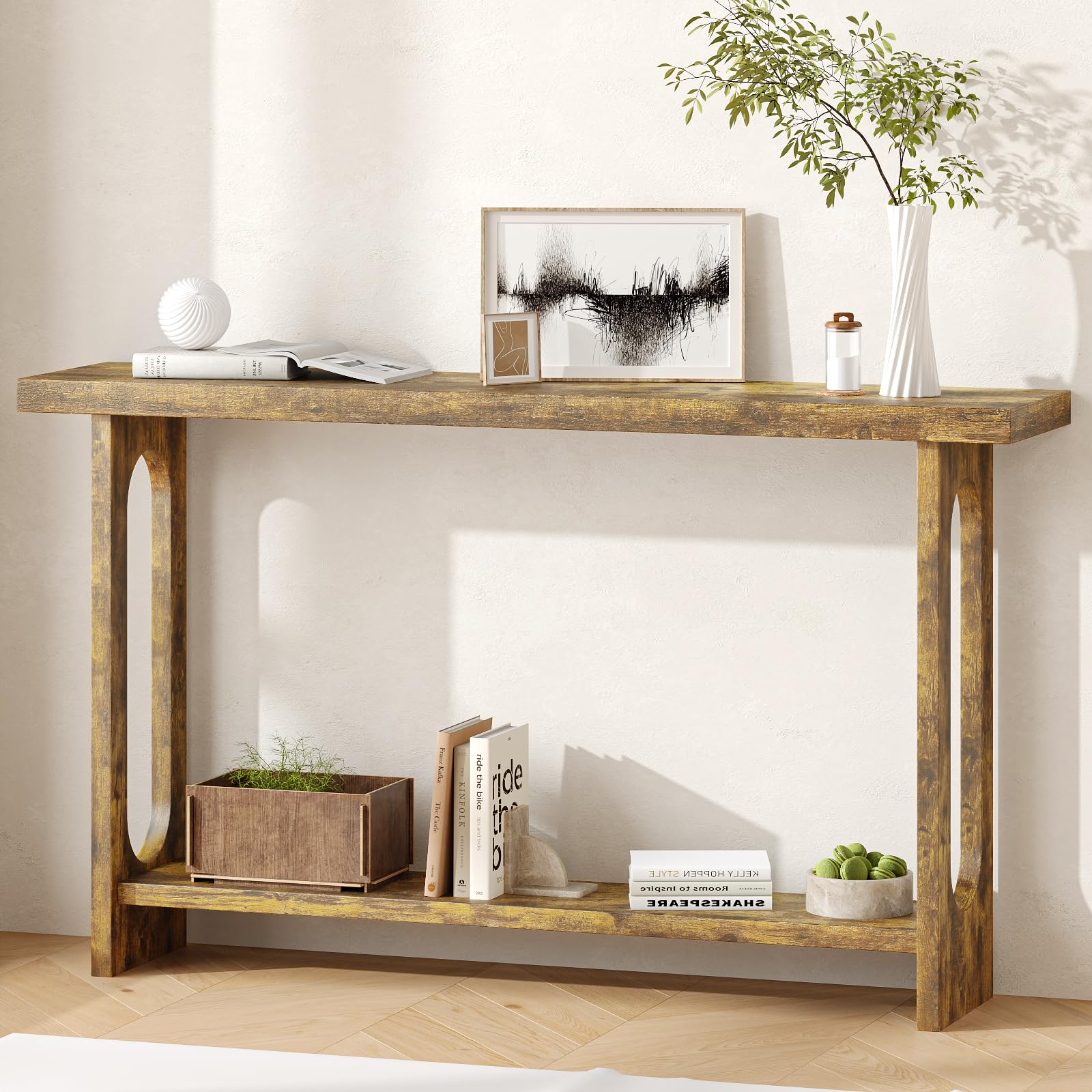 Mesa consola de 54 pulgadas, mesa de entrada estrecha de madera de granja con almacenamiento, mesas de sofá, mesa de pasillo para sala de estar, pasillo, entrada (rayas de tigre en relieve) 3