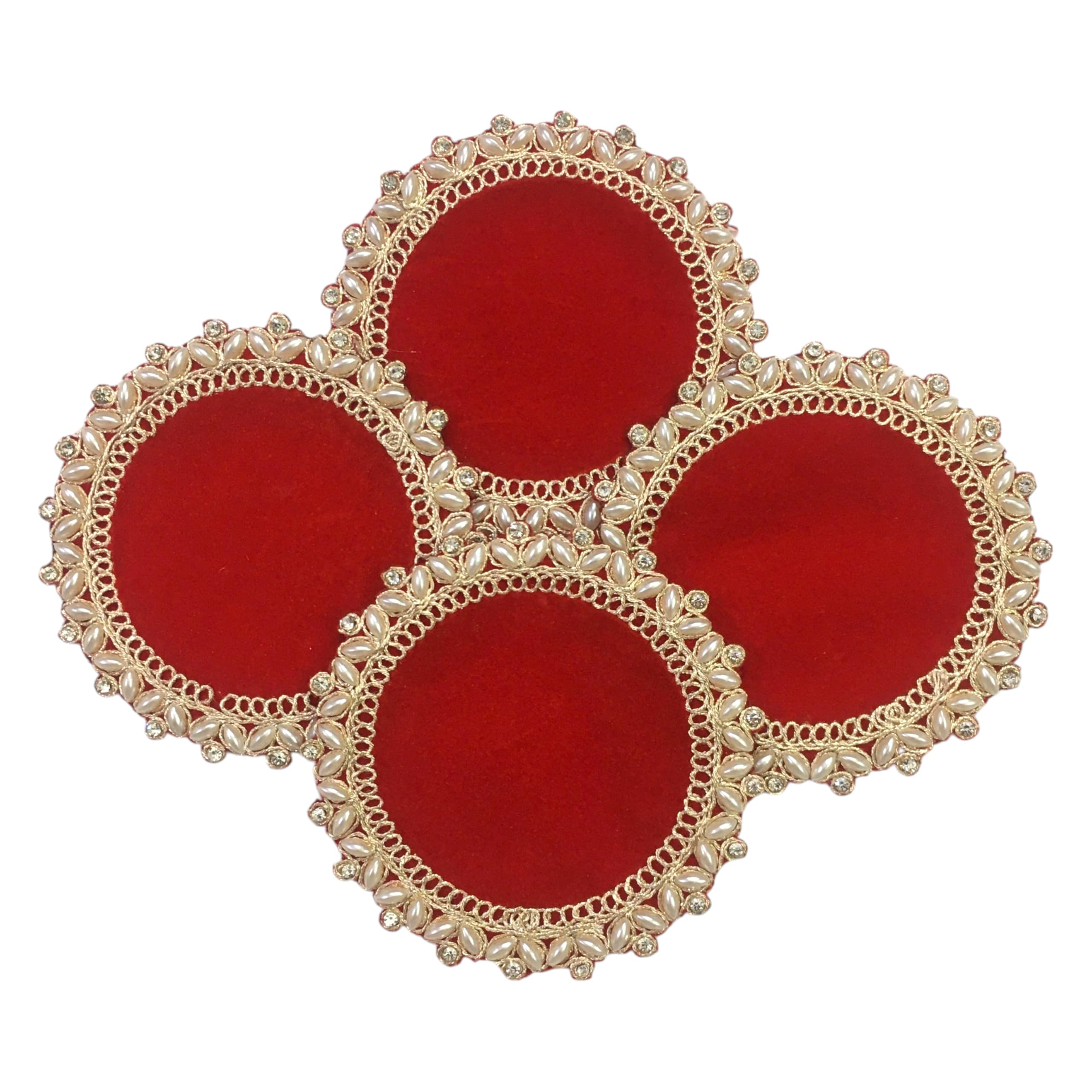 HEMDEV Decorative Puja Aasan Set, 4 Pearl-Trimmed Thalis in Red, Orange, Yellow and Pink, 4X4 Inch, Puja Altar Cloth for God Temple (Red)-image-49