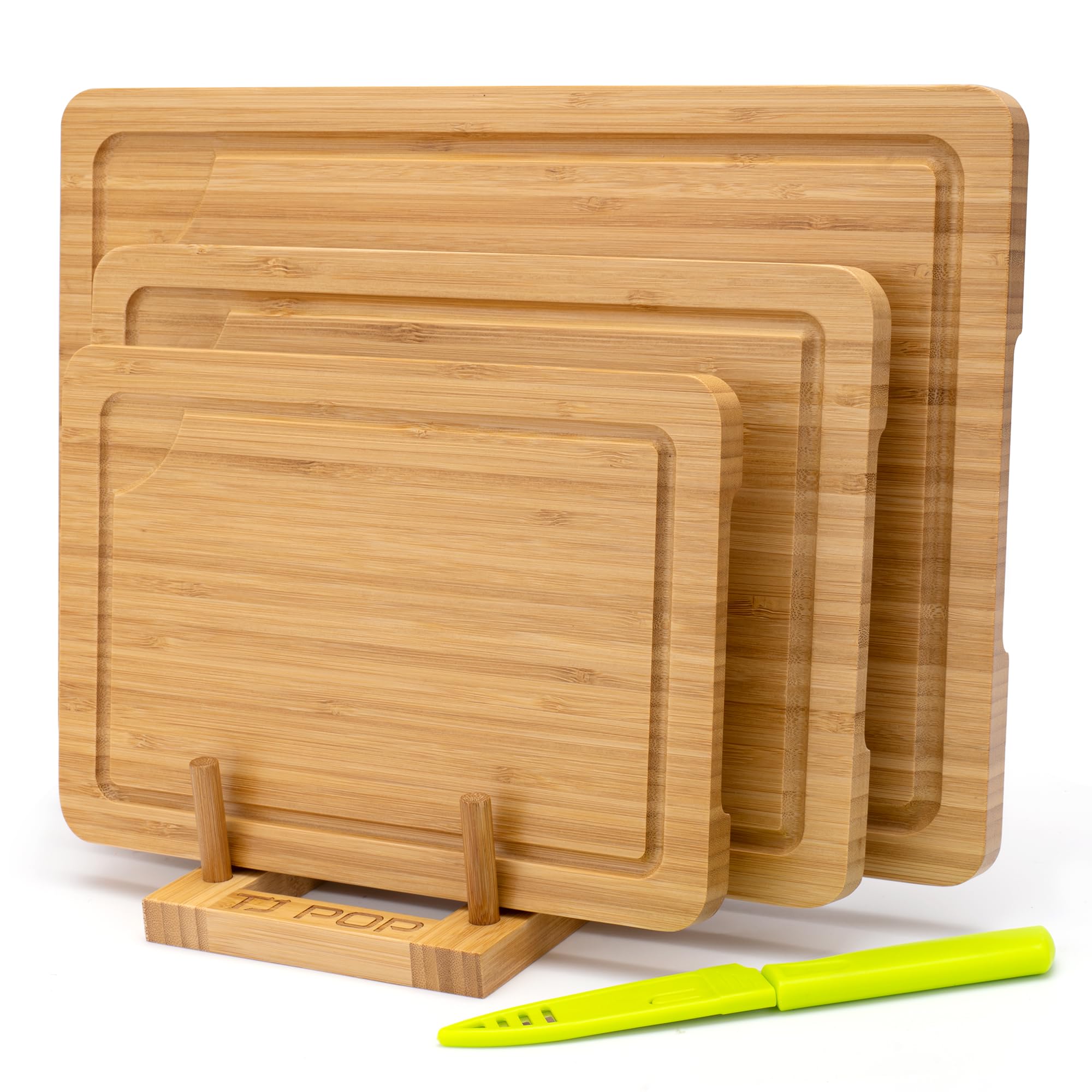 Bamboo Chopping Boards Set of 3 for Kitchen Double-Sided Bamboo Cutting Boards with Stand and Juice Groove