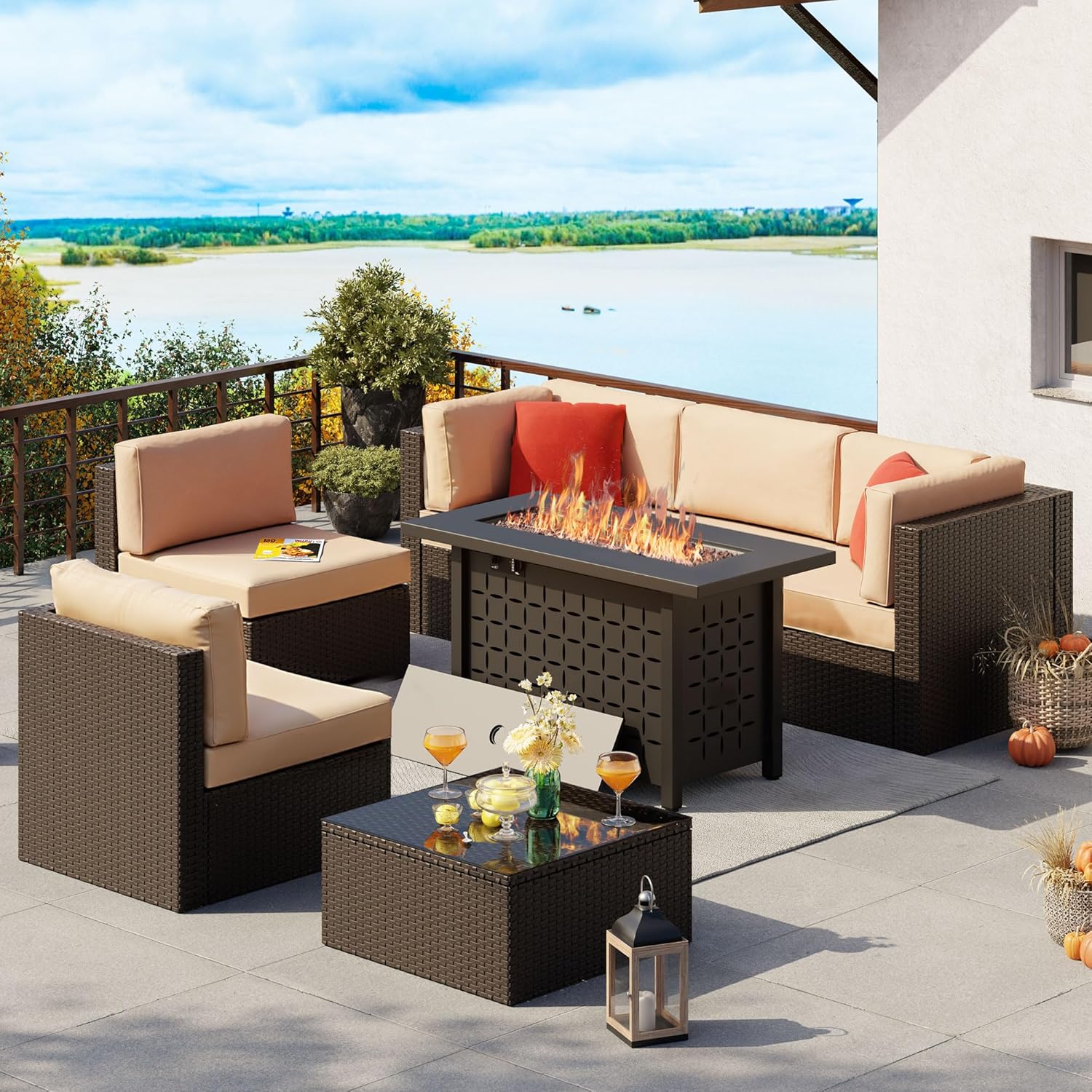 Vongrasig 7 Piece Patio Furniture Set with Gas Fire Pit Table, Outdoor Conversation Sets Wicker Rattan Sectional Sofa with Coffee Table, 43 Propane Gas Firepit Table with Lid, Beige