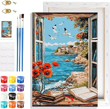 GHHKUD Landscape Paint by Numbers Kits with Frame for Adults Beginners, DIY Seaside Paint by Numbers for Kids, Painting Art on Canvas Gifts Home Wall Decor 20x30cm