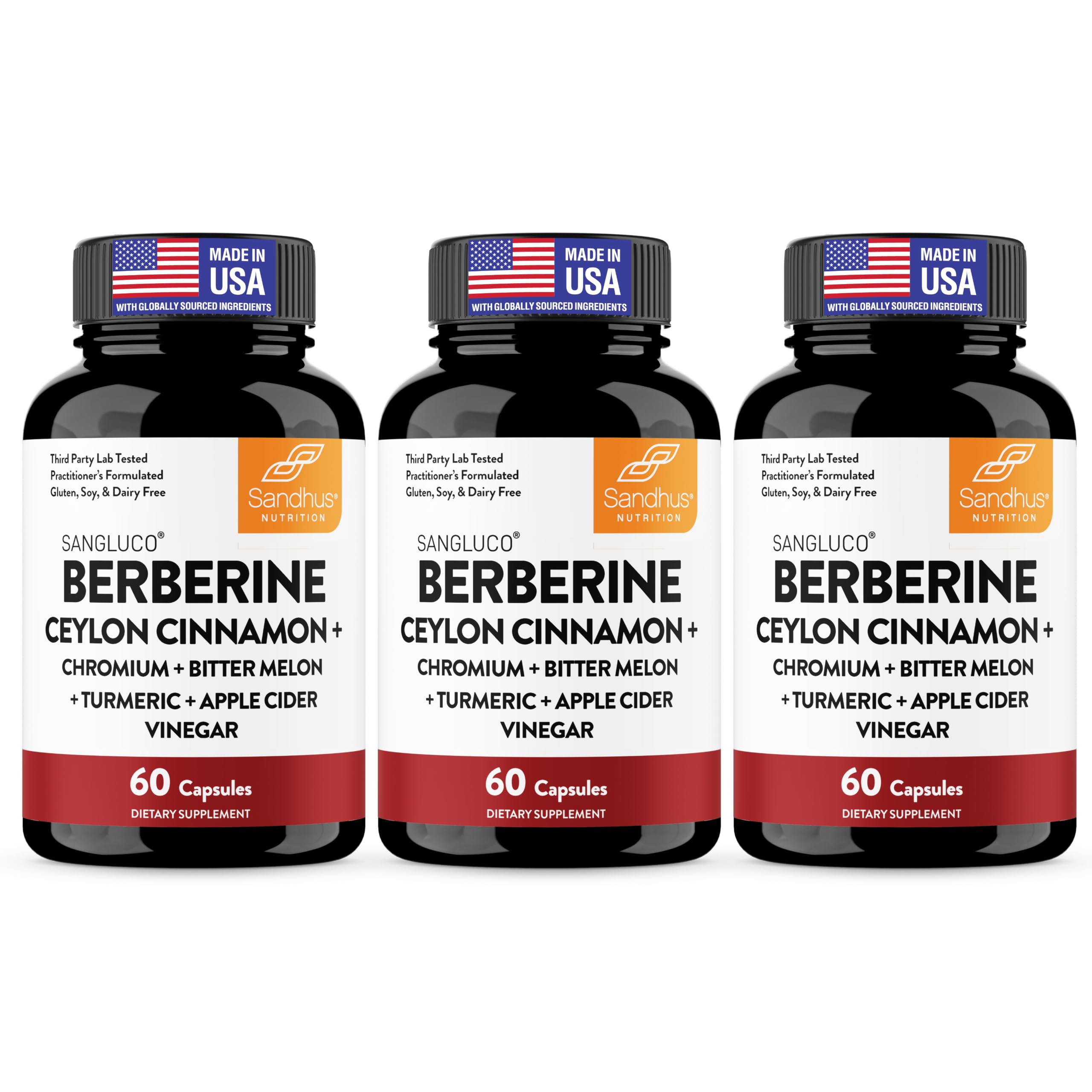 Sangluco Berberine Ceylon Cinnamon Chromium Turmeric Apple Cider Vinegar Bitter Melon Supplement | Supports Healthy Levels Already Within Normal Range | 180 Capsules Berberine Ceylon Cinnamon 60 Count (Pack of 3)