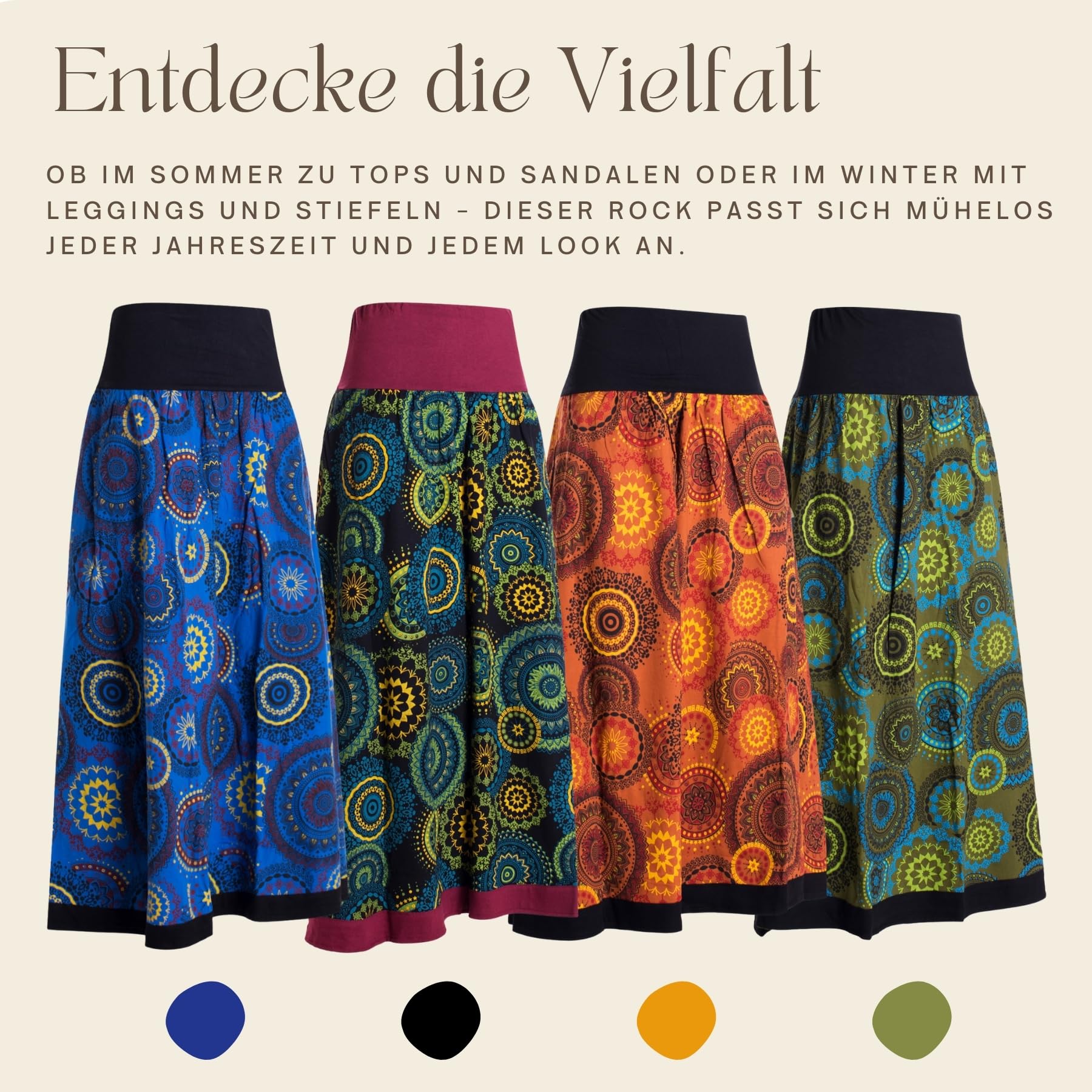 Vishes Langer Damen Herbstrock mit Mandalas I Handgefertigt aus 100% Baumwolle I Rock mit breitem Bund I Für warme & kalte Monate I Nachhaltige Alternative Bekleidung