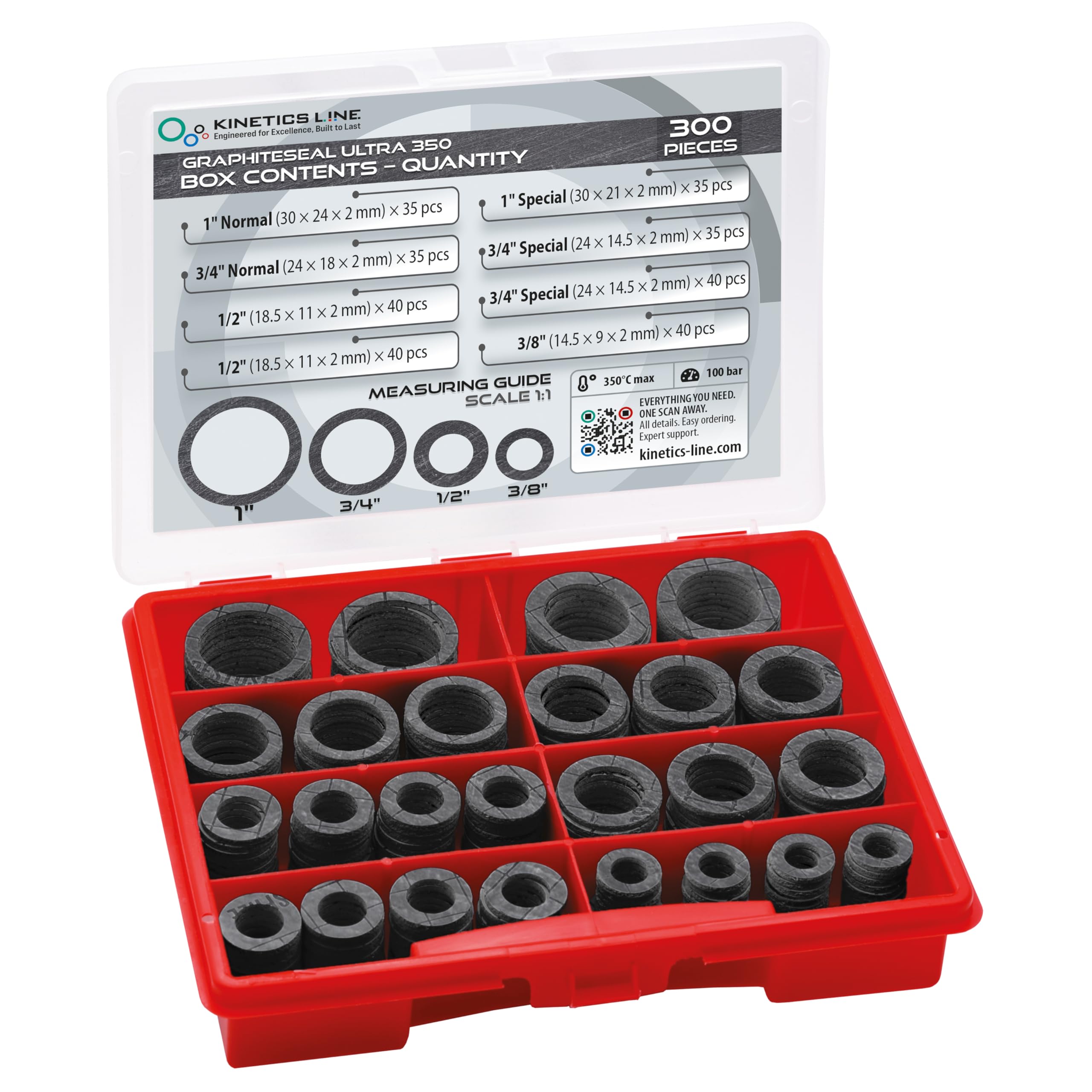Kit De Juntas De Brida De Grafito 300 Piezas – Surtido Industrial Alta Temperatura Para Vapor Y Caldera Industrial 3/8–1 Pulgada – Hasta 350°C Y 100 bar – Uso Profesional