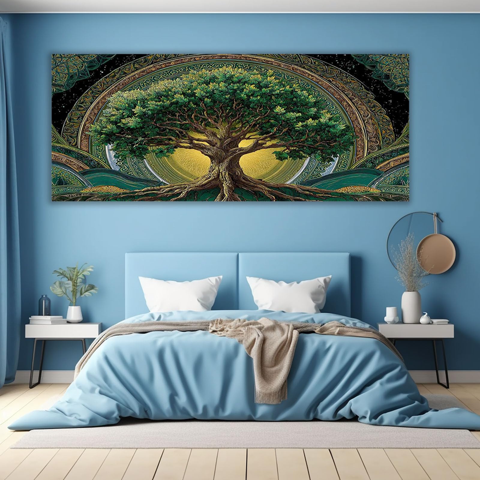 WIKEO Drzewo życia druk na płótnie malarstwo ścienne abstrakcyjne drzewo życia nowoczesny salon jadalnia łazienka kuchnia i biuro obraz plakat (zielony) - 60 x 120 cm oprawiony