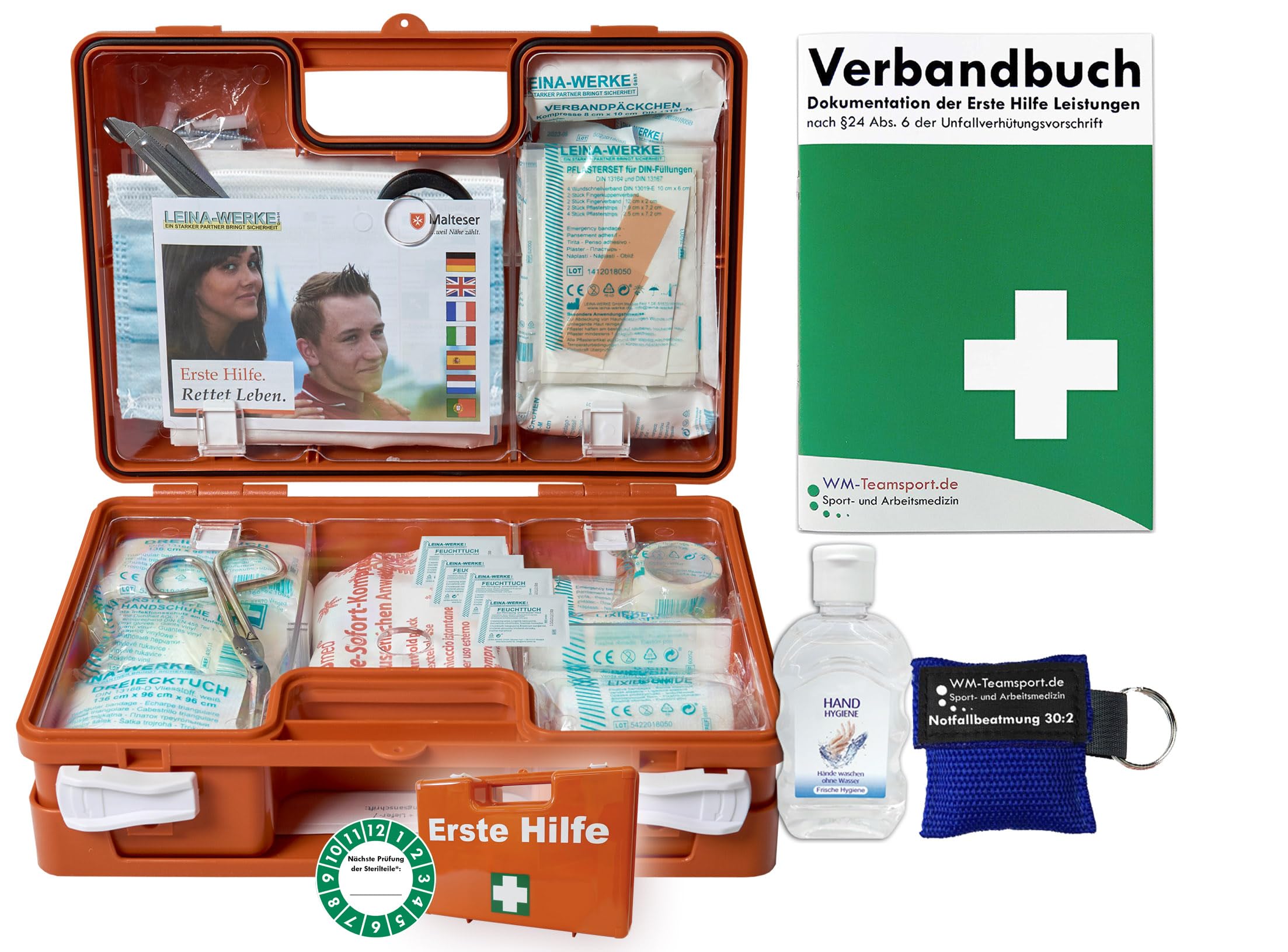 Erste-Hilfe-Koffer M1 mit "Notfallbeatmungshilfe" für Betriebe - aktuelle DIN/EN 13157 incl. Verbandbuch & Hygiene-Gel