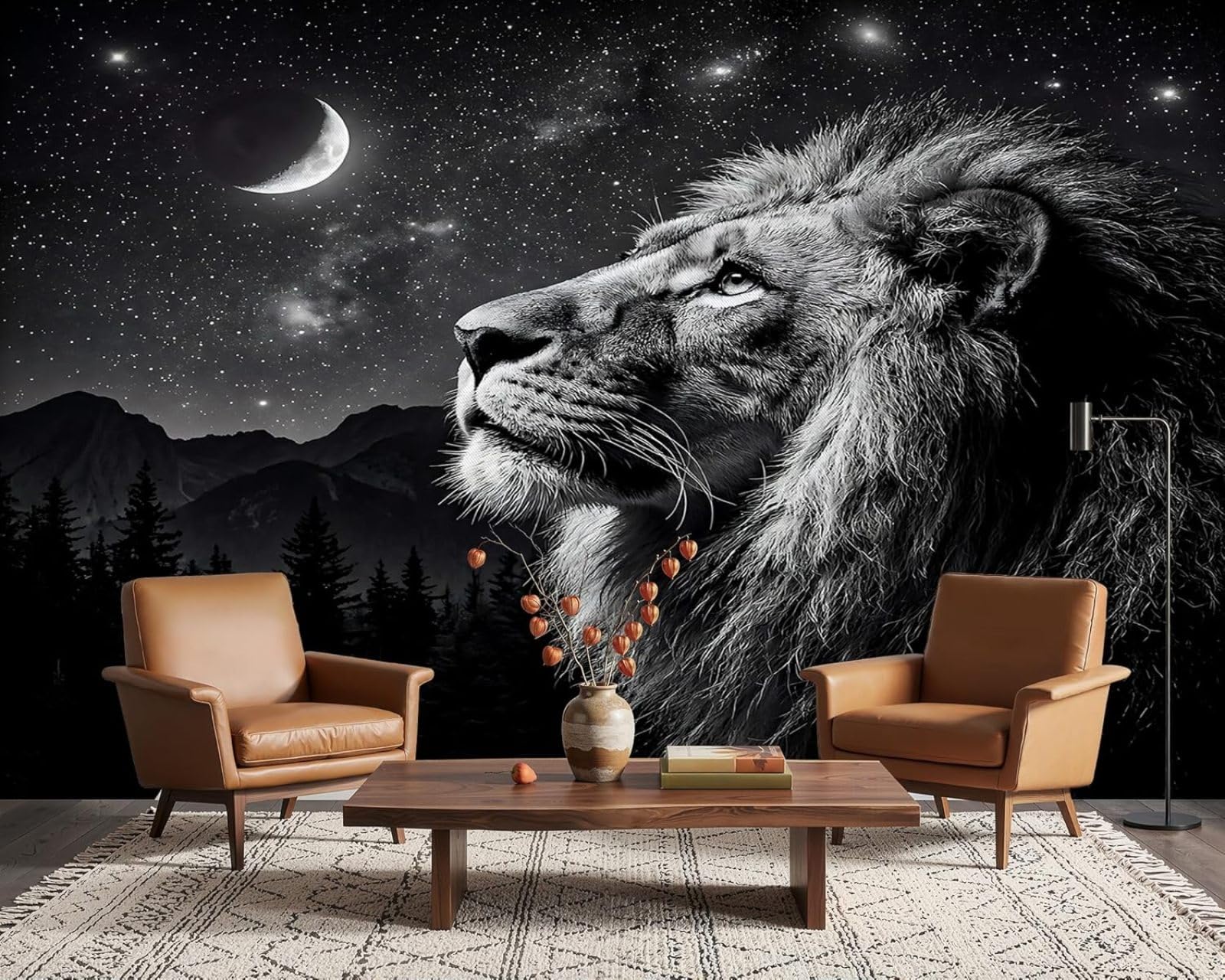 Hgjdjhnf 3D Mural Lion Photo Wallpaper With Starry Sky, Black And White Animal Motif, Non-Woven Wallpaper, Modern, For Living Room, Bedroom, Children's Room, Wall Decoration, Motif Wallpaper, 300Cm X 210Cm, Wall Sticke