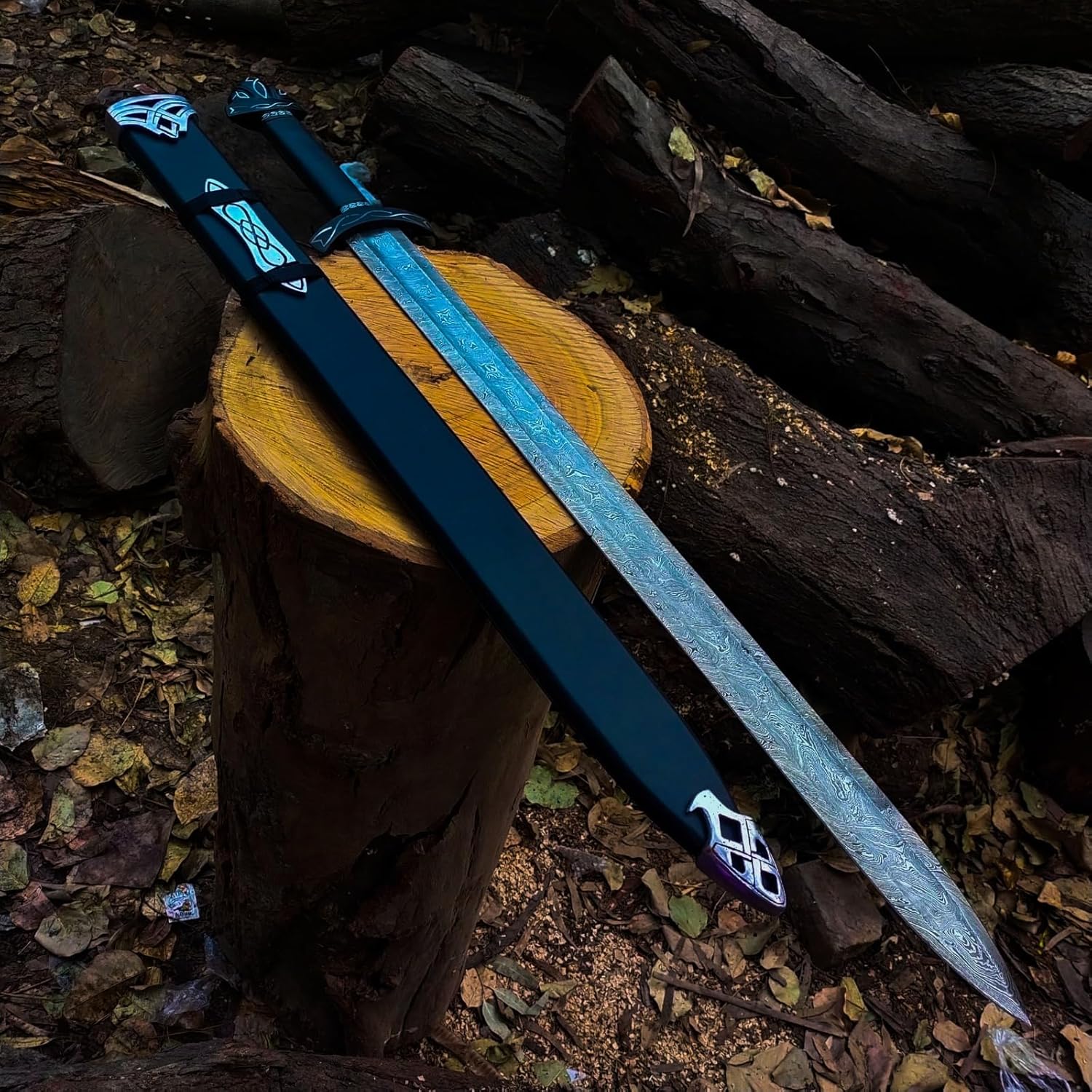 Damascus Steel Viking Sword with Leather Scabbard – Norse Northman Medieval Battle Sword | Handmade LARP & Cosplay Long Sword, Perfect Viking Decor & Gift for Men - Image 8