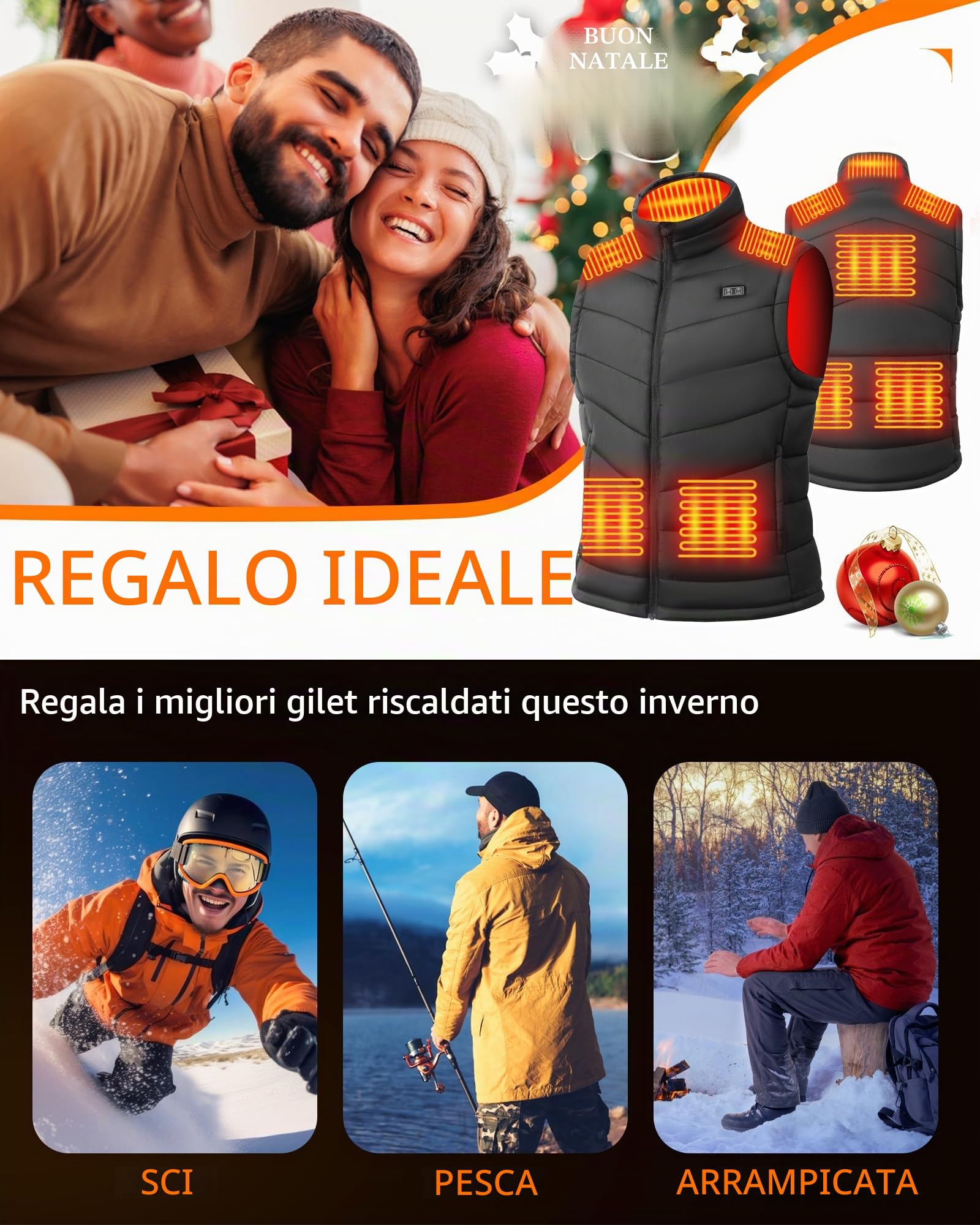 Gilet Riscaldato Uomo con Batteria 7.4V 18400mAh, 8 Zone Calde, Doppio Controllo, Gilet Elettrico Invernale Lavabile per Esterni