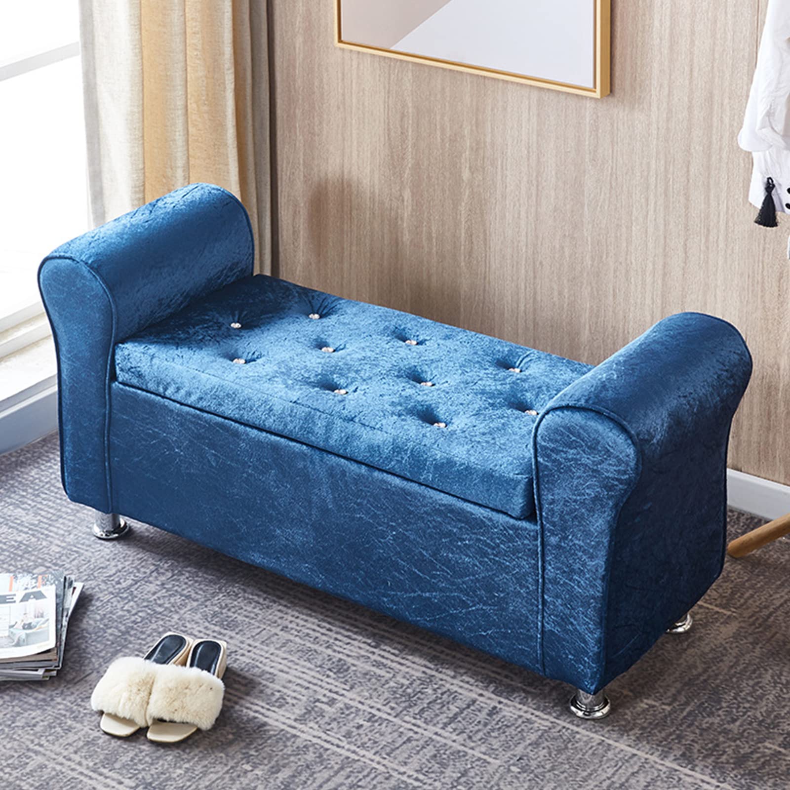 LMMIAOZ Velvet Button Tufted Large Capacity Storage with Armrests for Bedroom and Living Room Blue 100x40x40cm