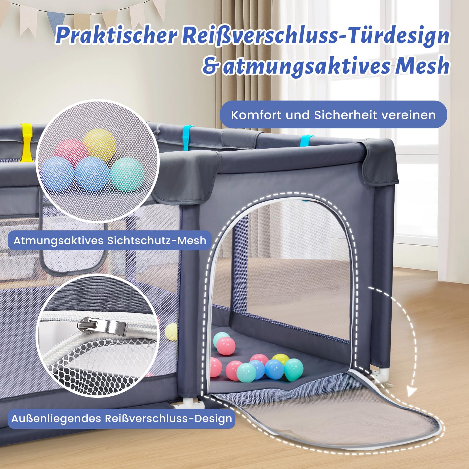 CHOLY Baby Playpen for Babies and Toddlers, Durable Play Pen with Visible Breathable Mesh, Foam Protection, Easy to Assemble Infant Fence -128 ×128cm(Dunkelgrau, 128 * 128cm)