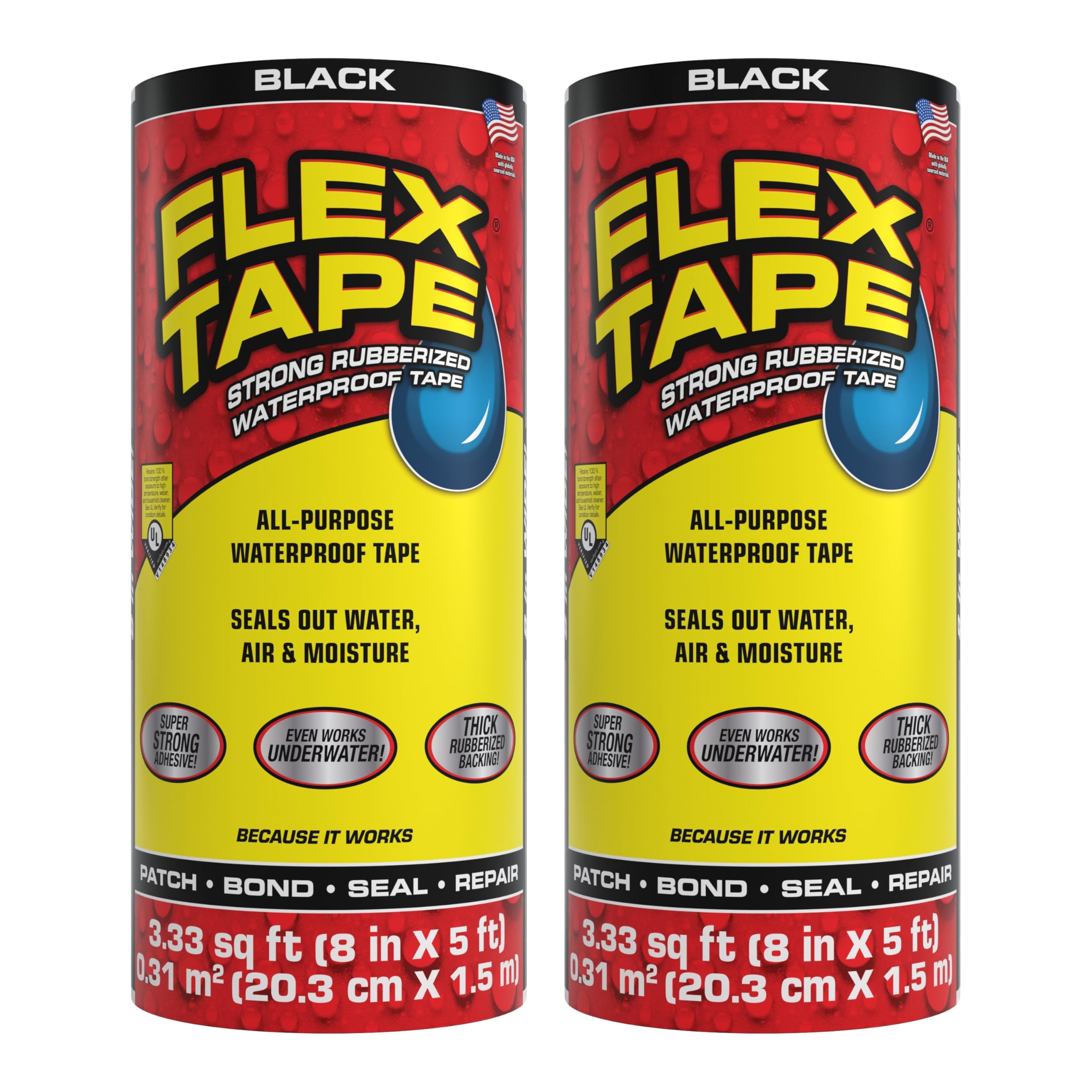 Flex Tape Rubberized Waterproof Tape, 8 inches x 5 Feet, Black (2 Pack)