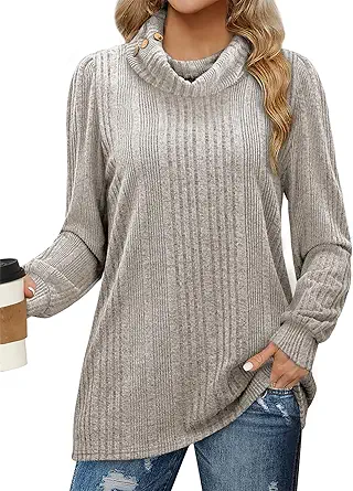 Bulotus Women's Turtleneck Tunic Sweaters Long Sleeve Ribbed Knit Comfy Loose Casual Fall Sweater