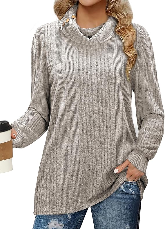 Bulotus Women's Turtleneck Tunic Sweaters Long Sleeve Ribbed Knit Comfy Loose Casual Fall Sweater