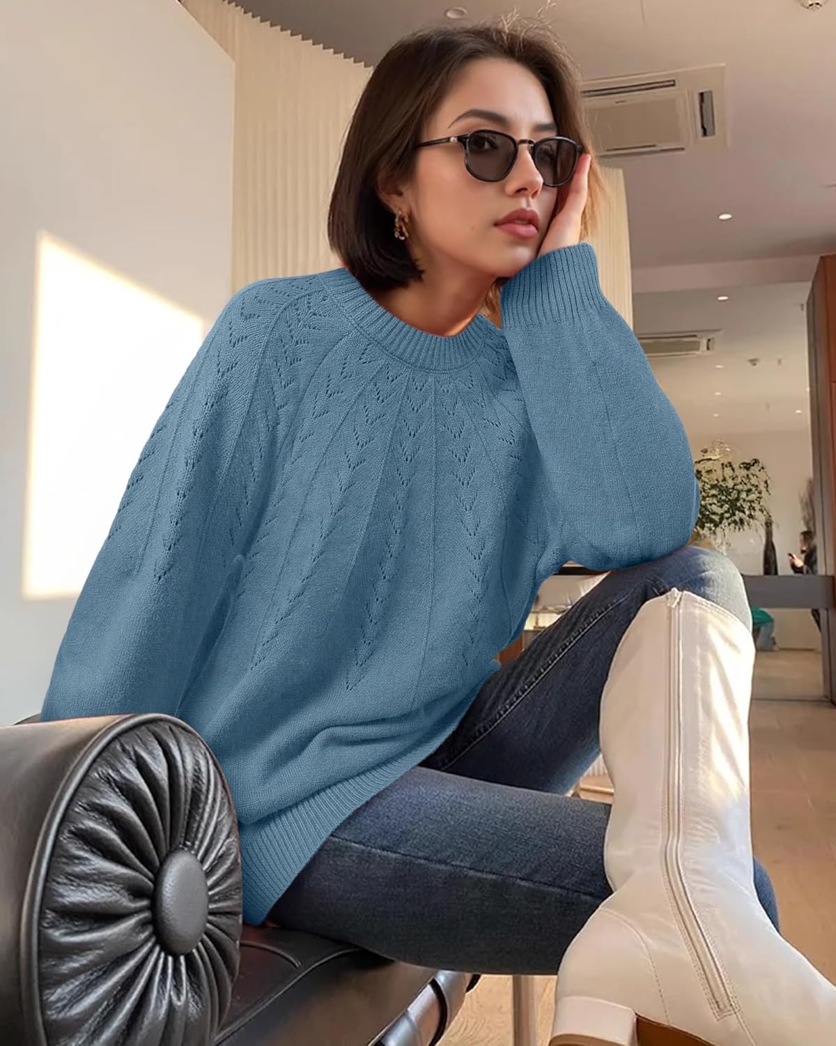 VALOLIA Womens Pullover Sweaters 2025 Long Sleeve Crewneck Casual Loose Pleated Knit Tops - Image 3