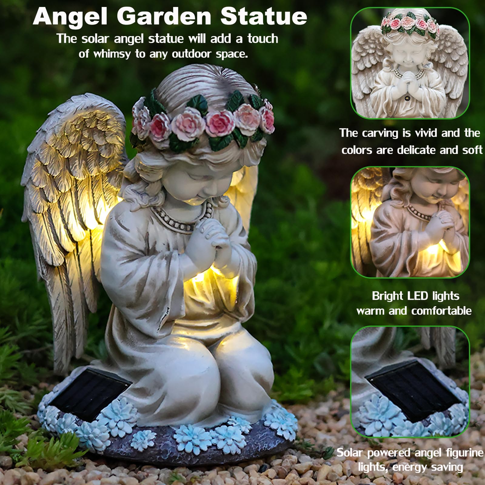 VEEKI Statue d'ange solaire d'extérieur en résine imperméable pour extérieur, jardin, cour, patio, tombe, cimetière, cadeau commémoratif