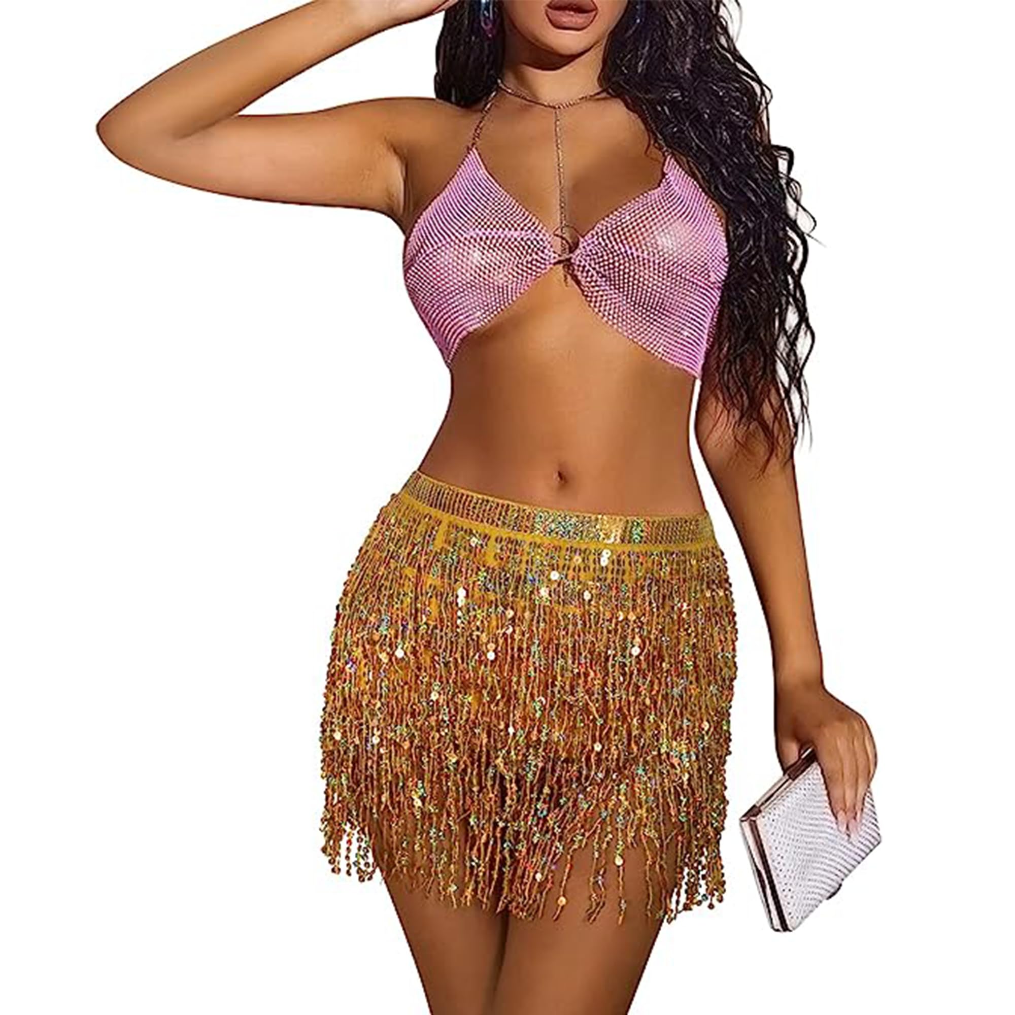 Carnavalife Falda Lentejuelas Rave Ropa Festival Mujer Falda Brillante Danza del Vientre para Carnaval Halloween Baile Coachella Playa Fiesta Discoteca Falda Brillo Mujer con Flecos Falda Bohemia