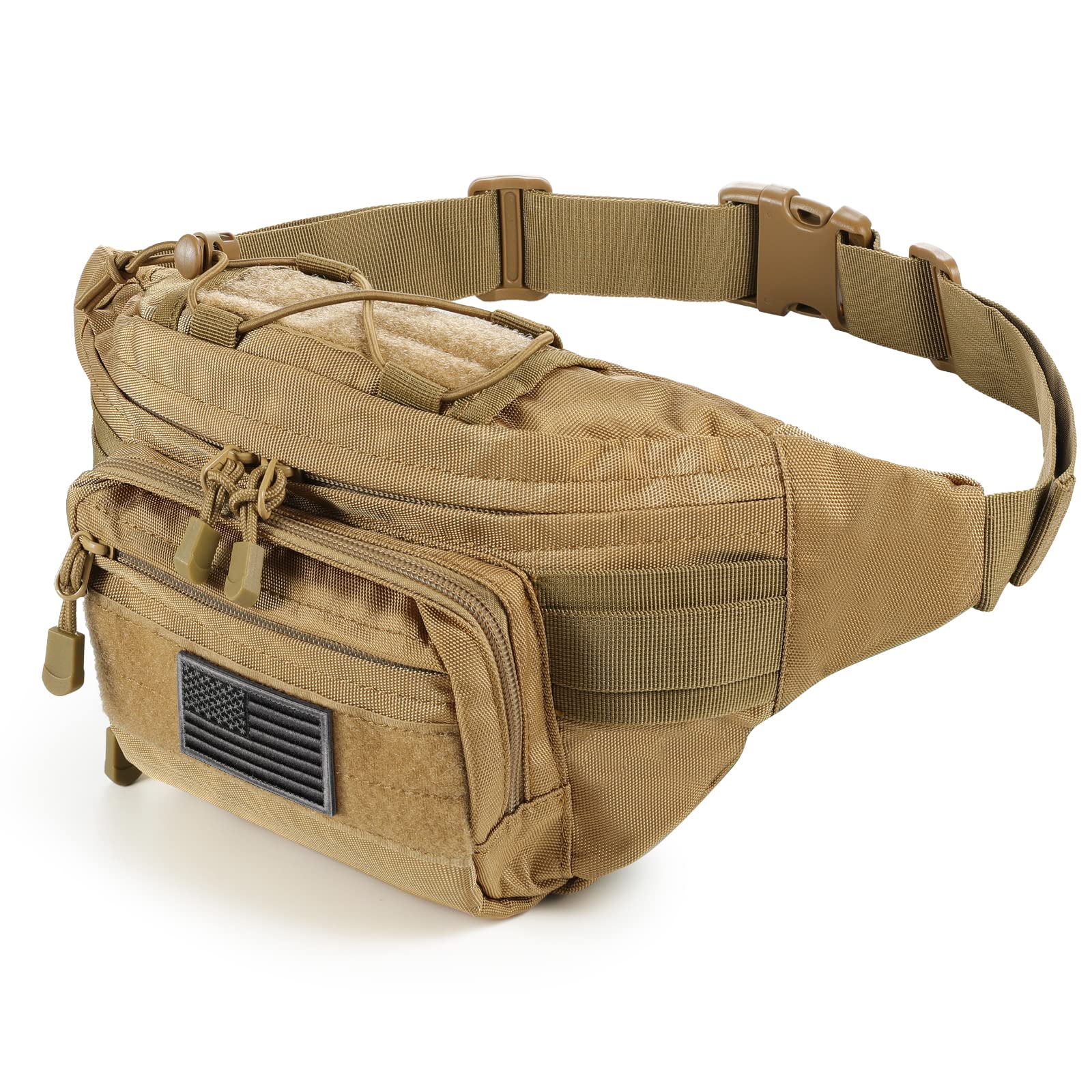 Tactical Fanny Pack,Military Waist Bag Pack with U.S Patch Utility Hip Belt Bumbag for Outdoor Fishing Hiking, Tan(4 Zipper Pockets), S, Tactical Fanny Pack