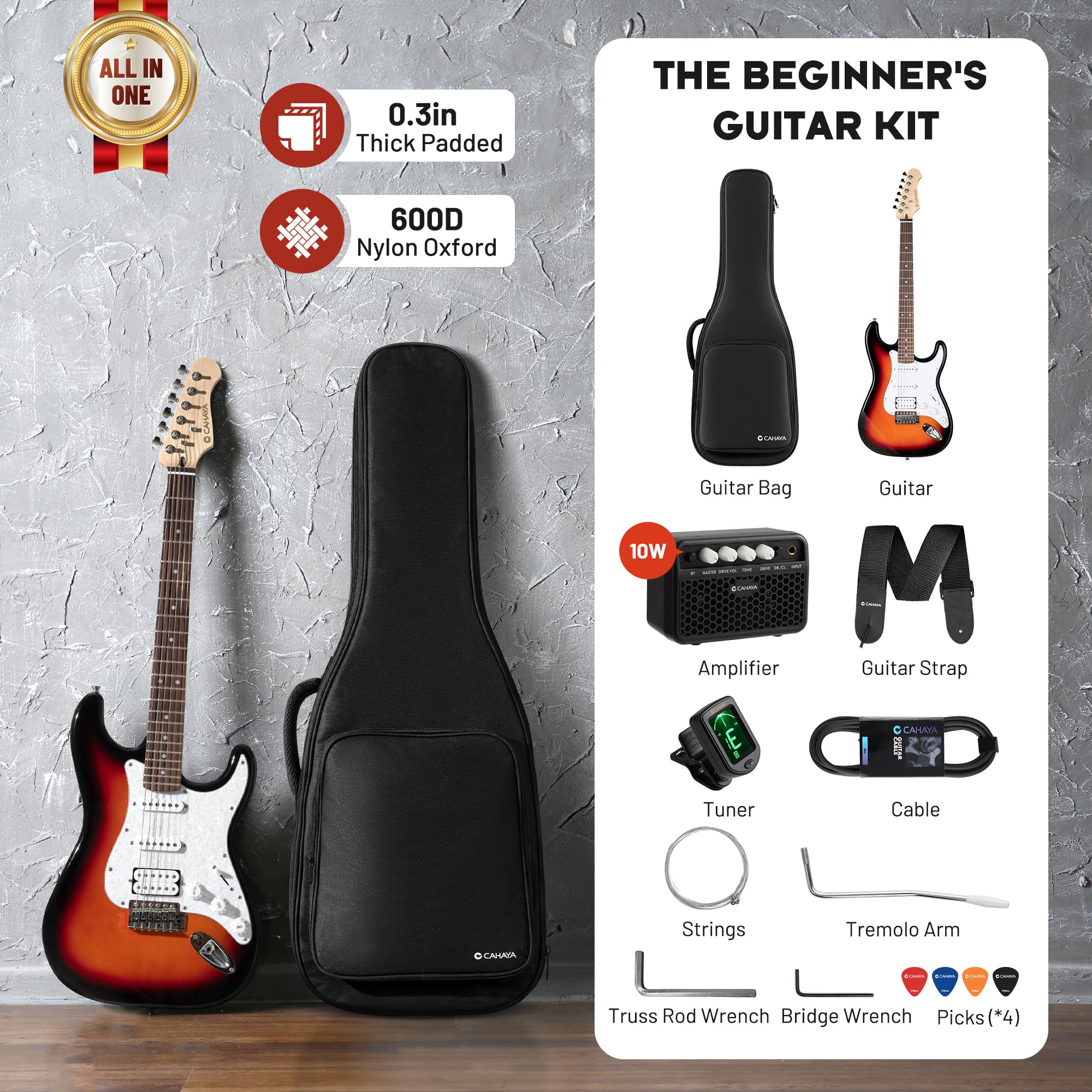CAHAYA Set di Chitarra Elettrica e Amplificatore: chitarra Stratocaster da 39 pollici con 3 pickup (S-S-H), include custodia, accordatore, Whammy Bar e 4 plettri