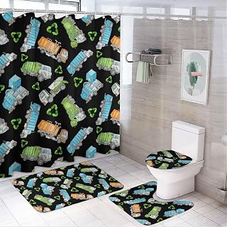 Recycling Trucks 4-Piece Bathroom Set with Shower Curtain Set and Rug Waterproof and Washable for Bathroom Decor with 12 Hooks