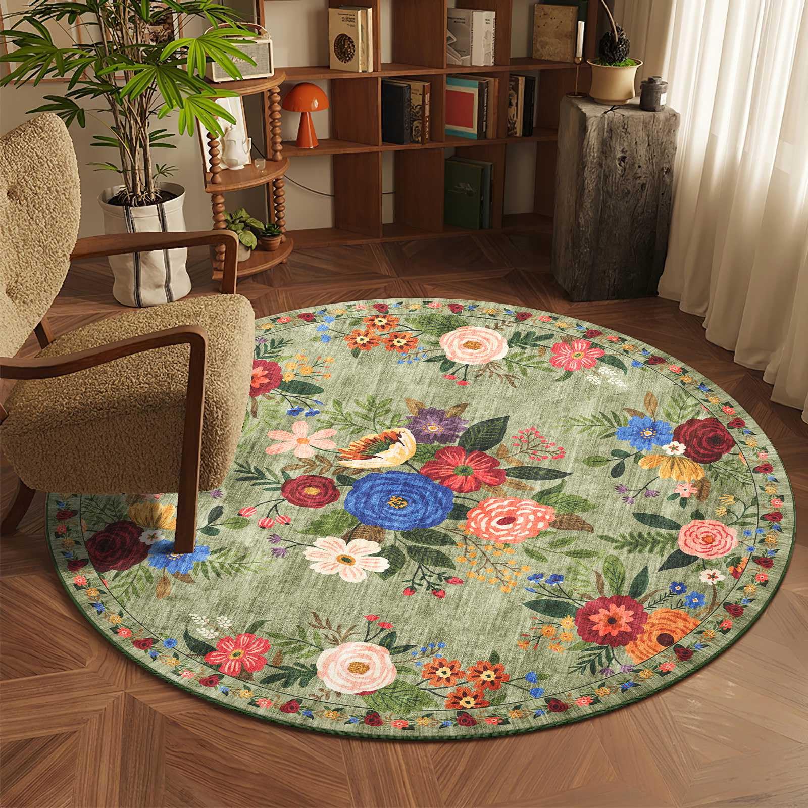 BYBSRLL Runder Teppich 120 cm, Waschbar & Rutschfester Weicher Kurzflor Rund Teppich, Vintage Blumen Boho Muster, für Wohnzimmer, Schlafzimmer, Kinderzimmer, Gastzimmer, Esszimmer, Büro, Schwarz