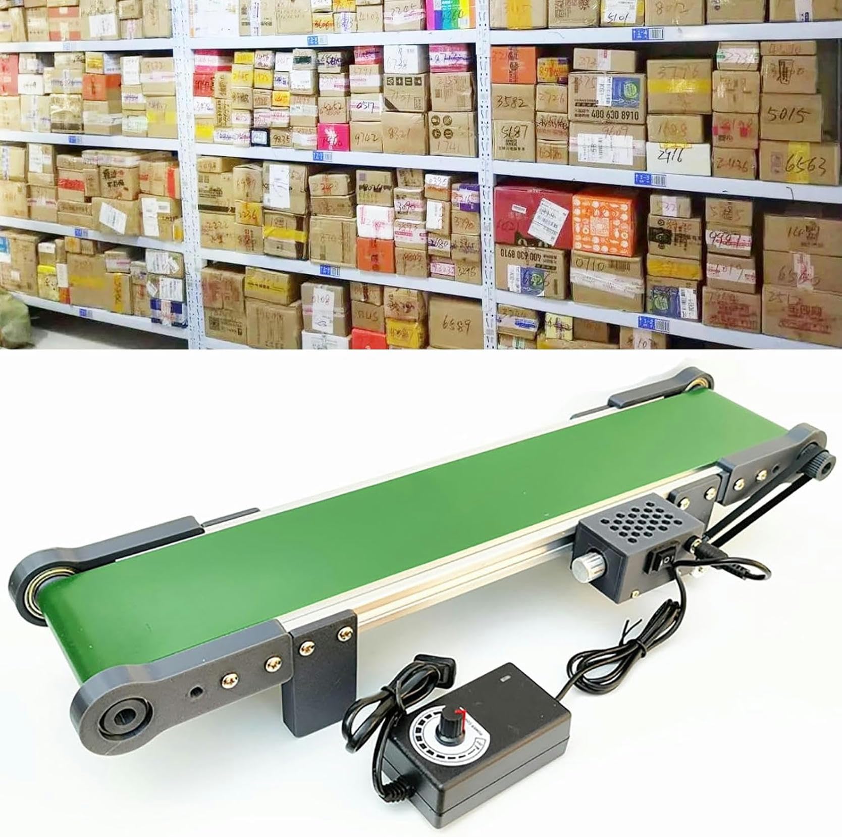 AYCDL Electric Desktop Conveyor Belt, 10x70cm PVC, Adjustable Speed 0-116RPM, Forward/Reverse/Pause Functions, Ideal for Packaging Factory & Production Line Automatio