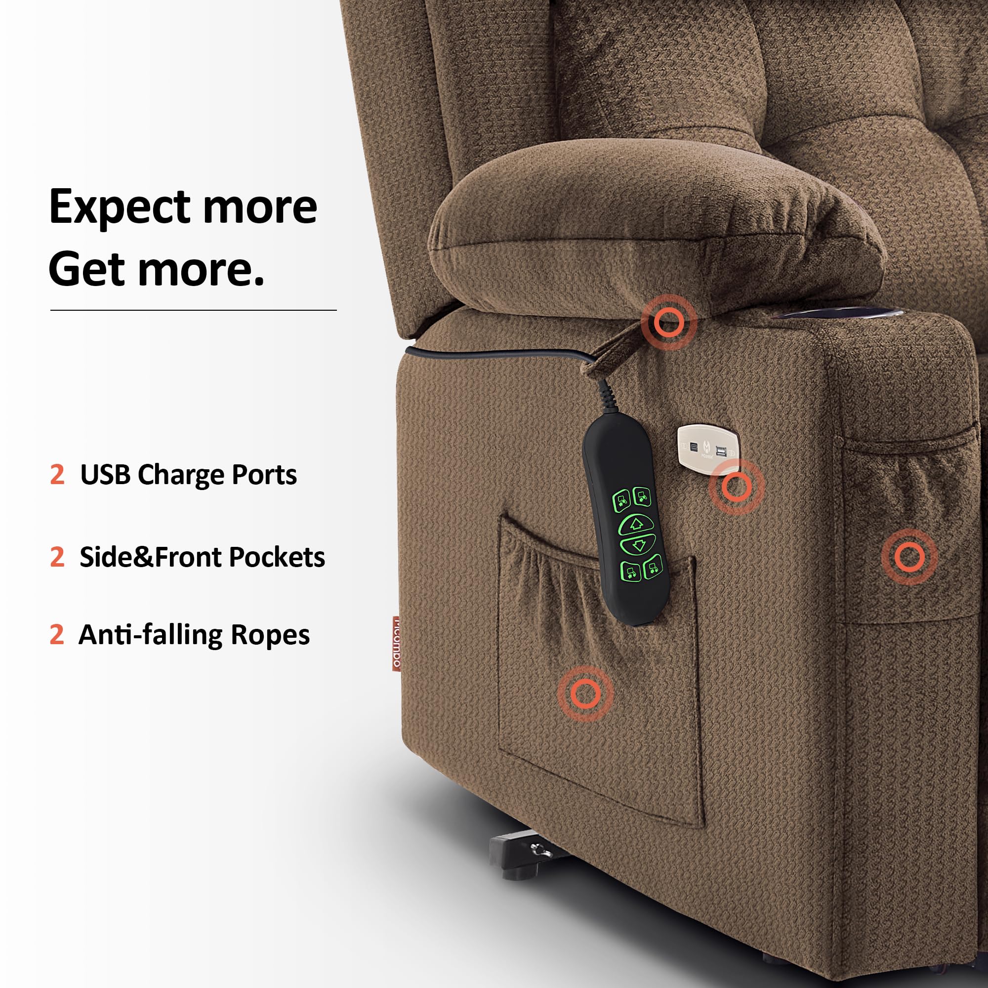 MCombo Fauteuil Releveur électrique 3 Moteurs, pour Personnes âgées, Fauteuil Relax avec Massage et Chaleur, Appui-tête Réglable et Repose-Pieds Allongé, Ports USB, 7664 (Marron, Petit)