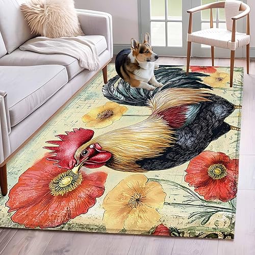 Miniatura 1 de 4x6 Area Rugs, Retro Rooster Non-Skid Rubber Backing Large Rectangle Rugs - Living Room Bedroom Home Office, Spring Floral Watercolor Farmhouse