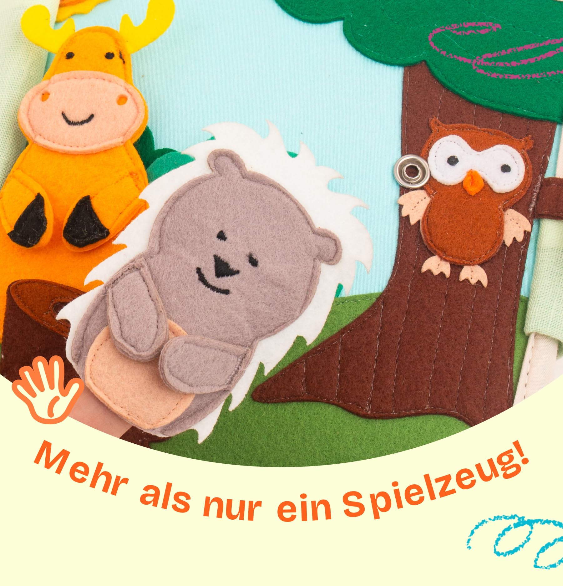 Jolly Designs Mini Quiet Book Les Amis des Animaux – Jouet Montessori dès 12 Mois – Livre sensoriel & Livre Tissu pour Enfant – Book Fait Main avec 6 Pages d’activités – Jouet éducatif & de Voyage