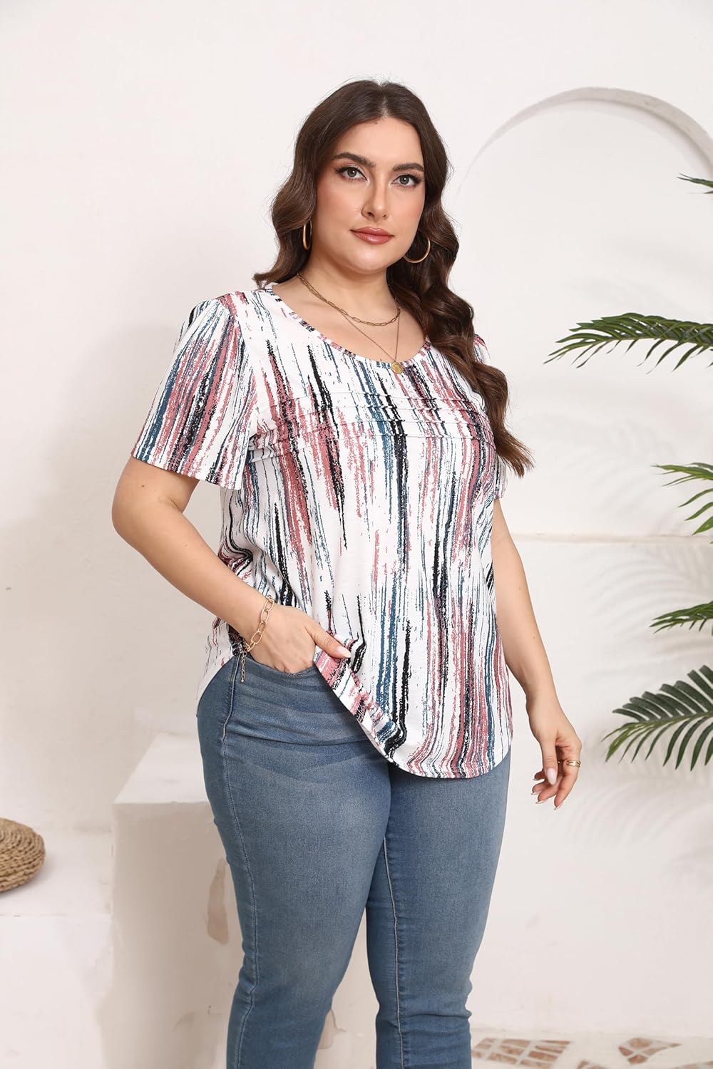 HBEYYTO Womens Plus Size Summer Tops Short Sleeve Pleated T Shirts Casual Scooped Neck Flowy Loose Floral Blouses 1X-5X - Image 4