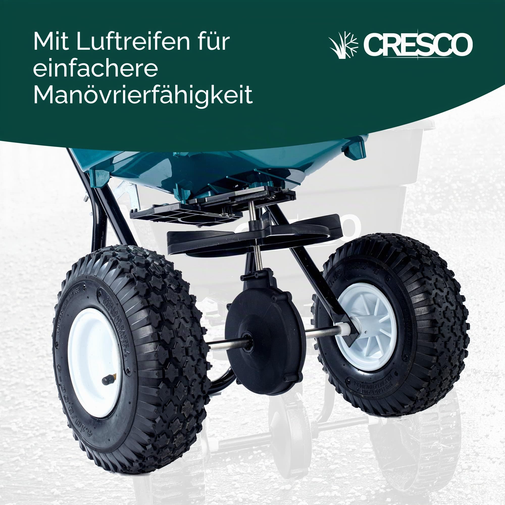 CRESCO 20 Dünger, Salz- und Samenstreuer – CR20SW Rollen-Grüner Roller | Easy Push Streuer | für Rasen- und Gartenpflege | Einstellbare Streumuster-Kontrolle | Kompletter schwerer bis leichter