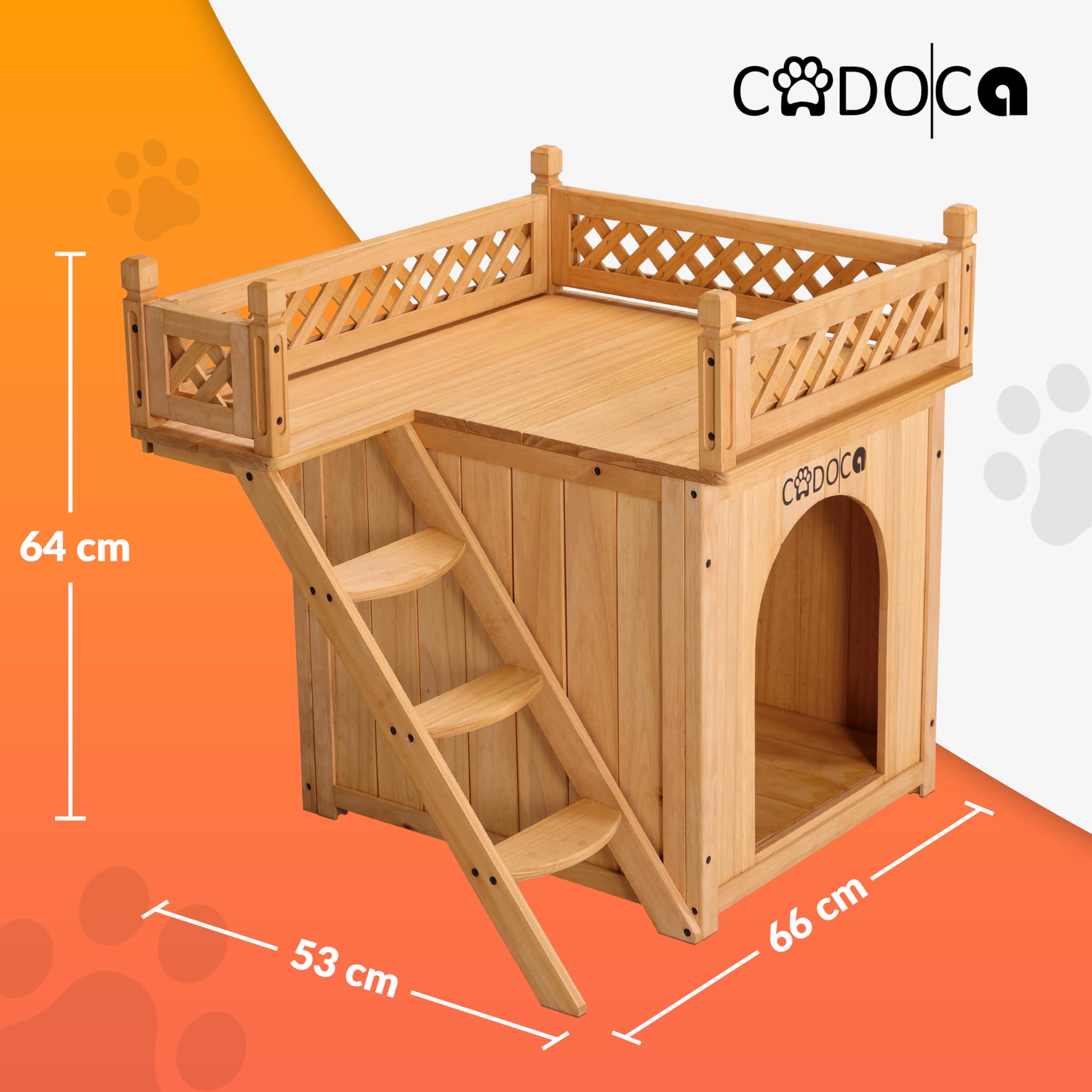 CADOCA® Tierhaus FSC®-Zertifiziert Kiefer 65x55x54cm 2-stöckig Treppe Sonnenterrasse Katzenhaus Katzenhütte Hundehütte Katzenvilla Lodge Balkon