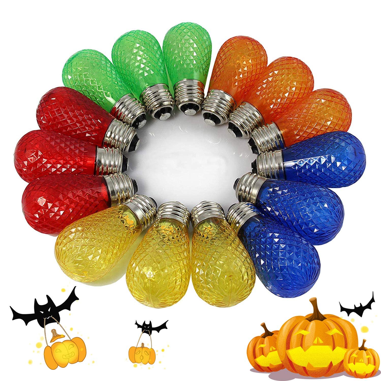 BRIMAX S14 Led Coloured Bulbs for Christmas Outdoor String Lights Replacement, Shatterproof, E27 Base 0.5W Multi Color (Red, Orange, Blue, Green, Yellow) Halloween Decorative Bulb,15Pack