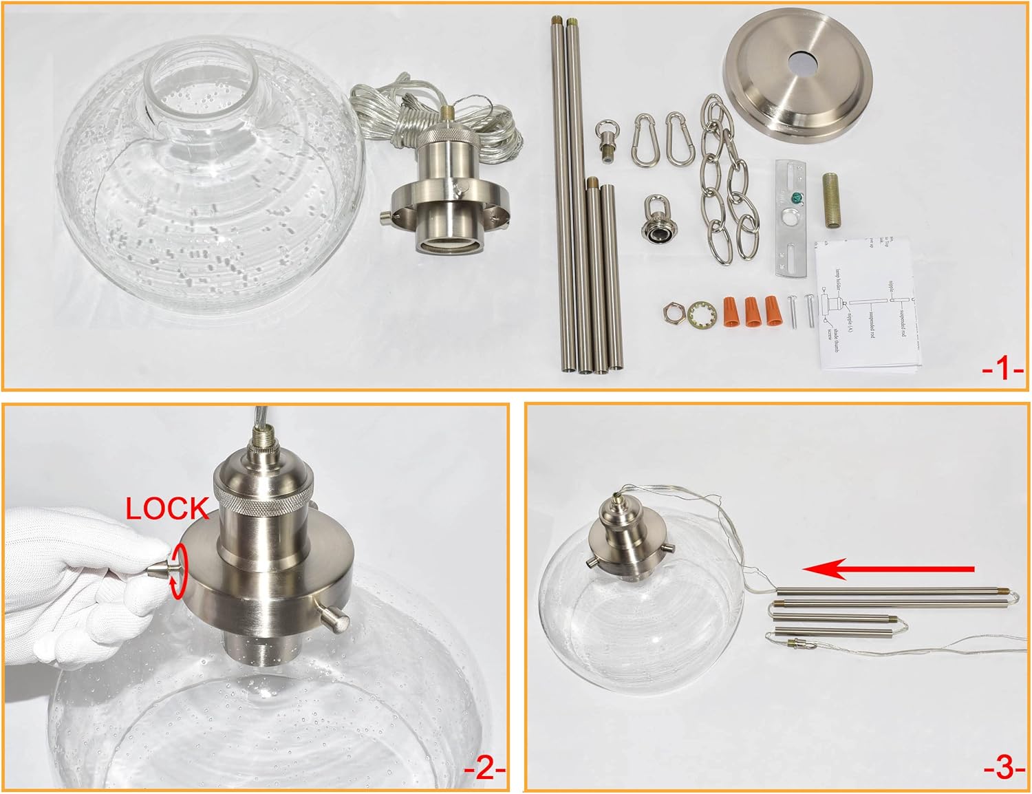 Large Farmhouse Pendant Lights for Dining Room Table Kitchen Island Entryway Foyer, Mid Century Modern Ceiling Hanging Light fixtures with Clear Bubble Glass Shade, Brushed Nickel Finish