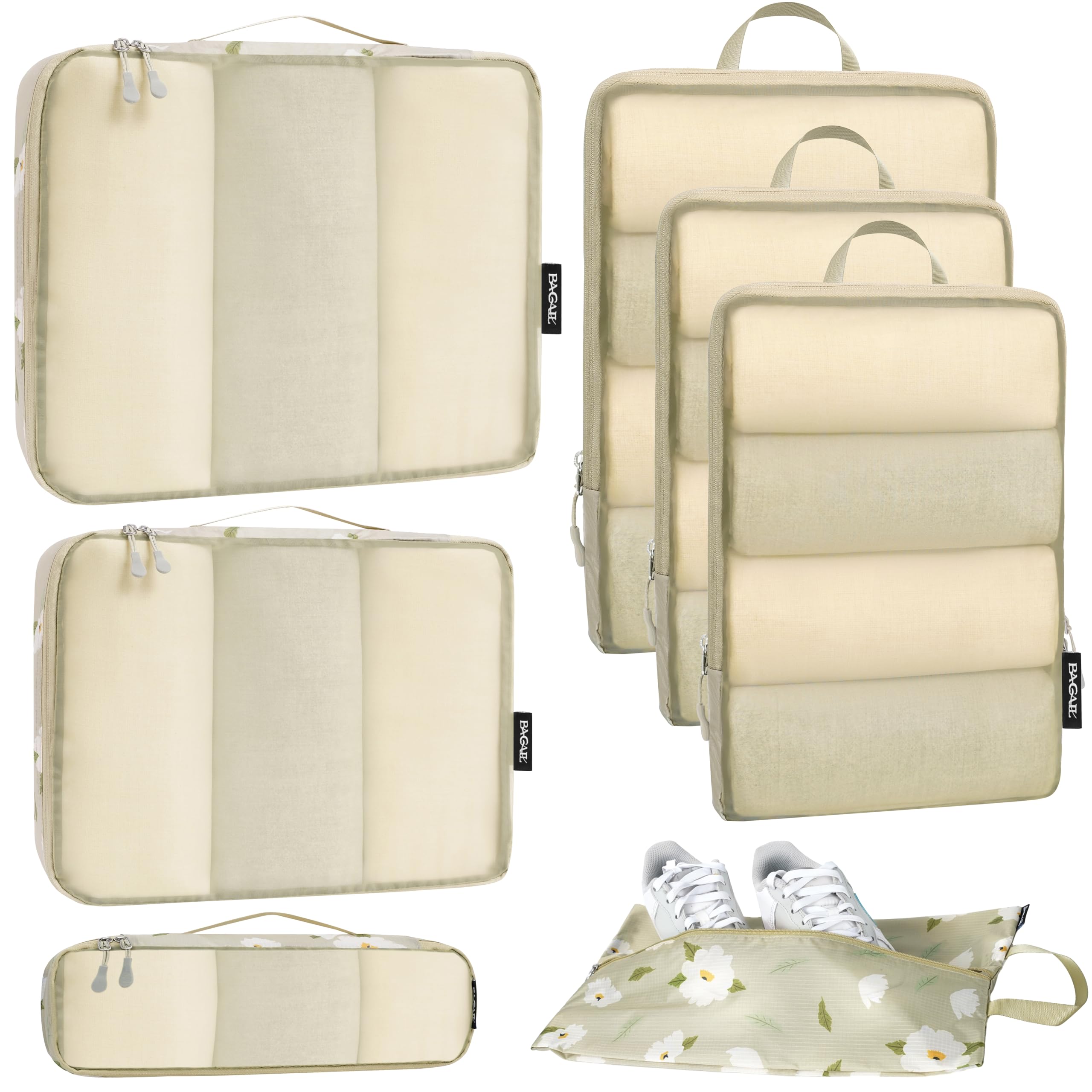 Bagail Ultralight Compression Cubes 7 Set - 3 Packing Cubes, 3 Organizers, and 1 Shoe Bag