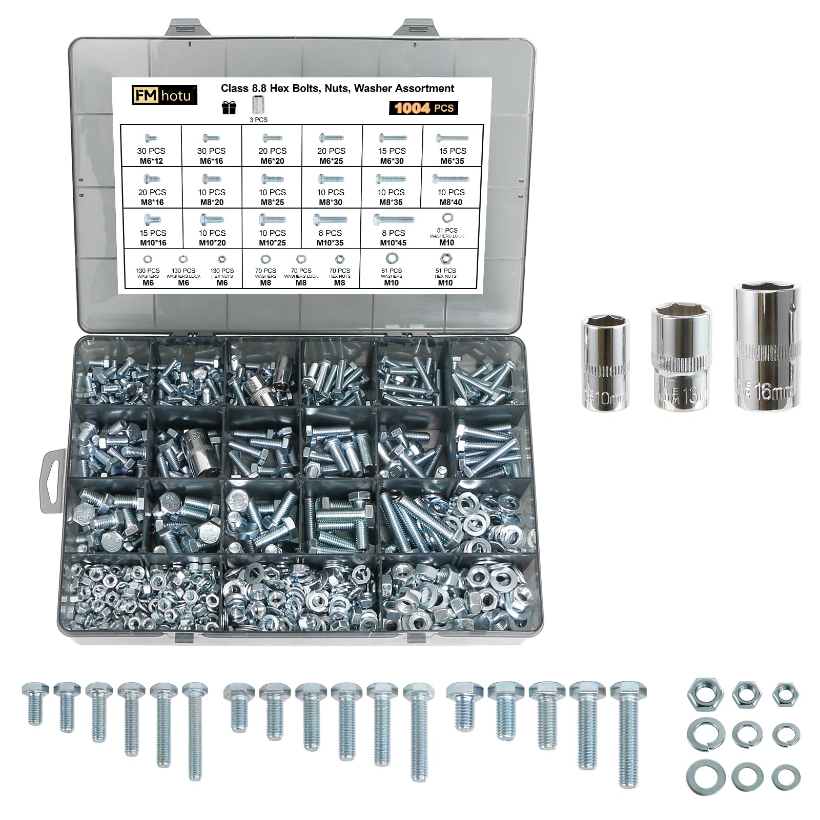 1004Pcs Grade 8.8 Metric Bolts Assortment, Hex Heavy Duty Bolts and Nuts Set, M6 M8 M10 (12mm to 45mm), Comes with 3 Bits（Zinc Plated）