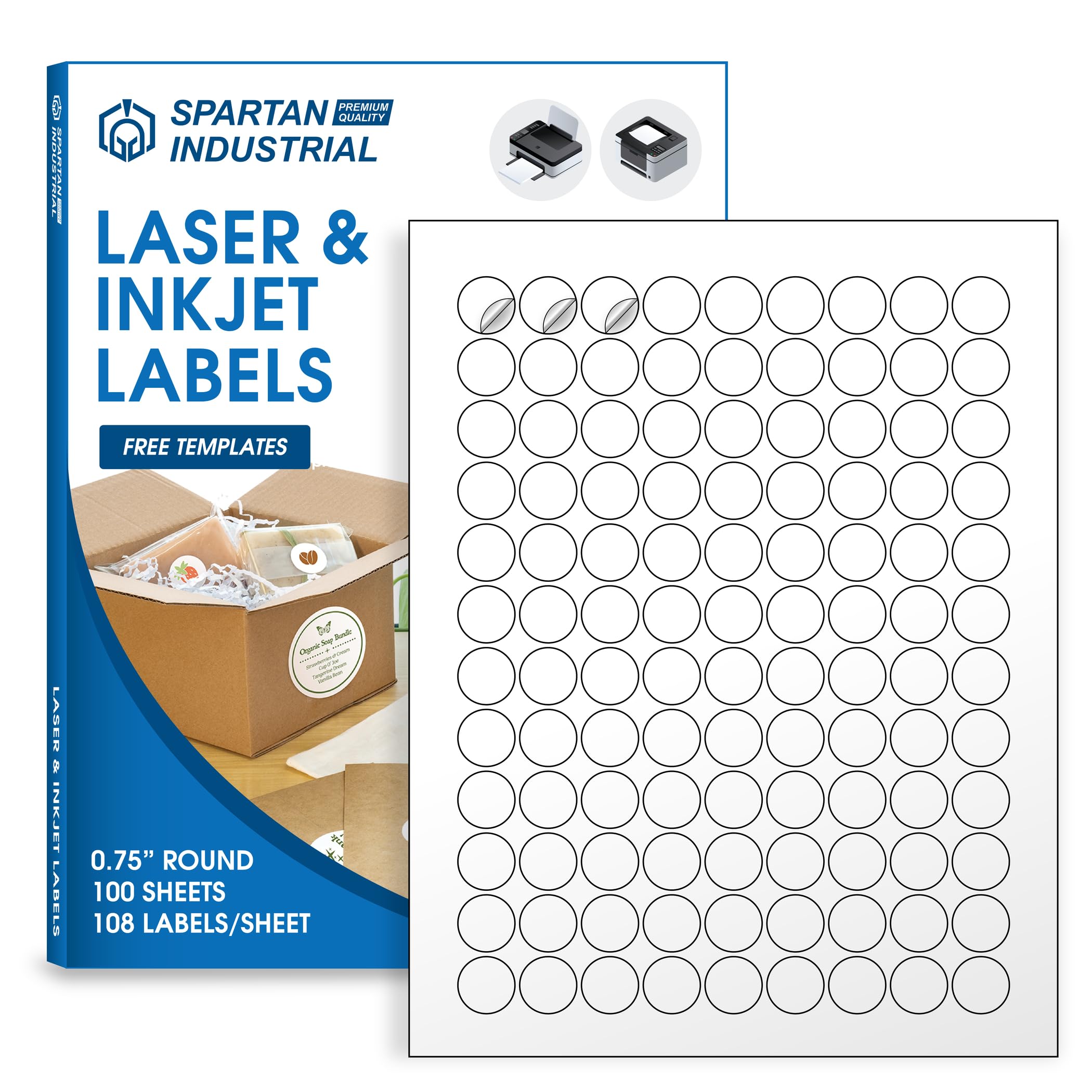 SPARTAN INDUSTRIALPrintable Laser and Inkjet Labels - 0.75" White Circle Sticker Labels - 100 Sheets, 10800 Total Labels for Pricing, Product Labeling, and More