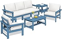 SERWALL 7-Piece HDPE Outdoor Sectional Sofa Set - All-Weather Patio Furniture with Thick Cushions, Blue Frame Khaki Seats