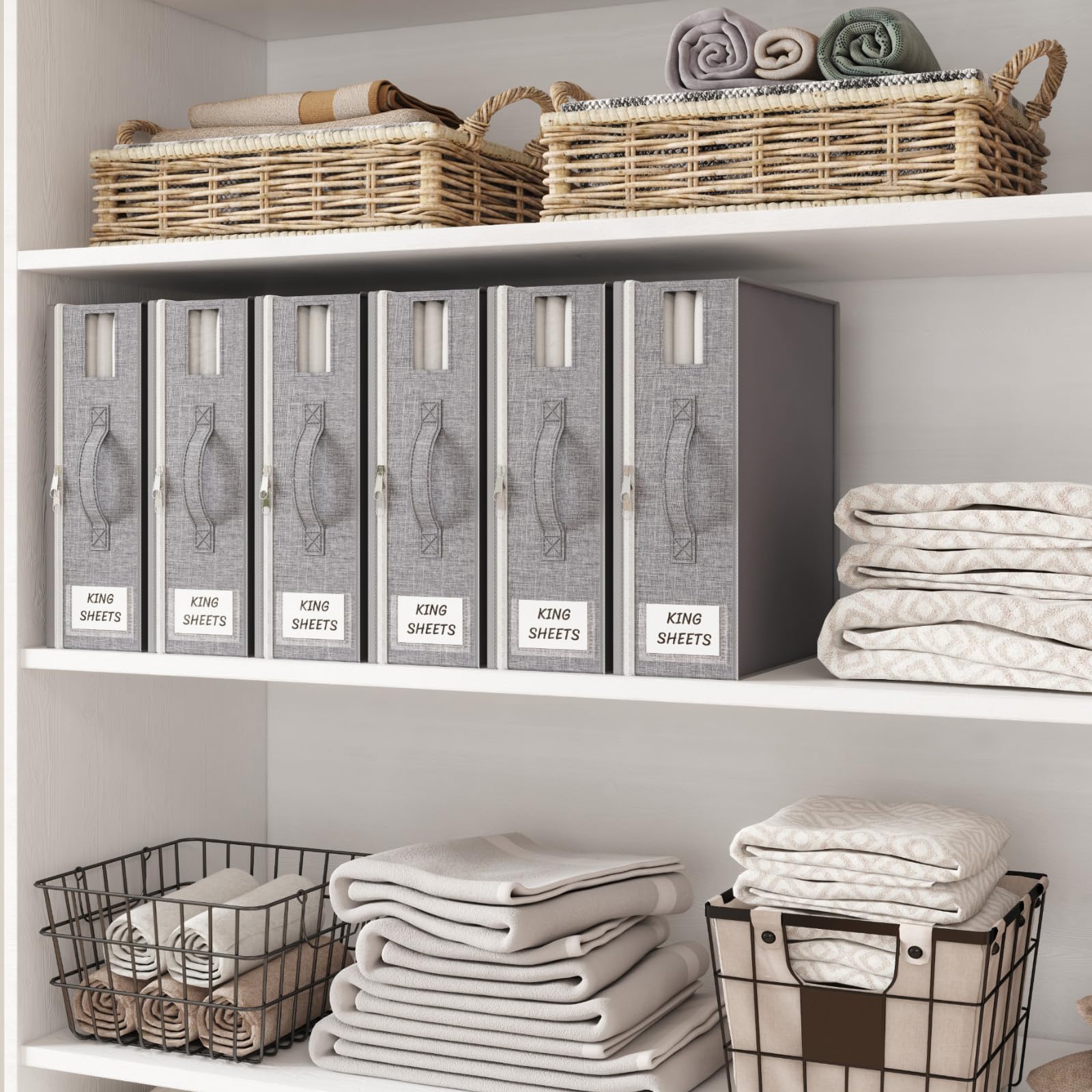 Lifewit Juego de 6 Bolsas Grandes de Almacenaje para Sábanas Plegables, Caja para Ropa de Cama con 2 Ventanas Transparentes y 1 Etiqueta, Organizador para Edredones y Mantas, 38 × 33 × 12 cm
