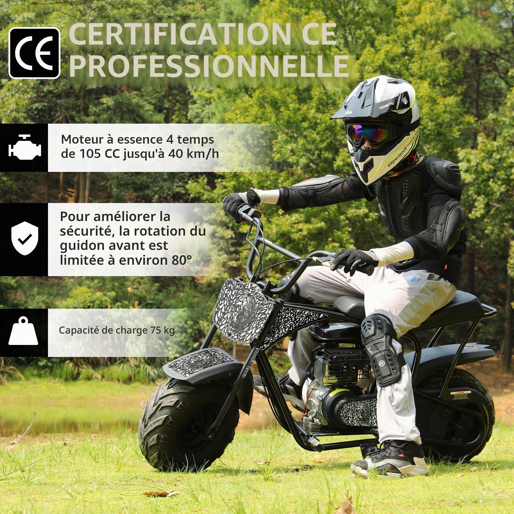 ORYXEARTH 105CC Mini Moto 4 Temps Pocket Bike Dirt Bike, Moto Cross Enfant, Benzin Haute Performance, Pneus Larges Tout-Terrain, Motocross, Autocollants DIY à Partir de 13 Ans (Crâne)