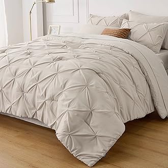 Bedsure California King Comforter Set Beige - Bed in a Bag Cal King Bedding Set 7 Pieces, GentleSoft™ Pintuck Bed Set Gift for Family, Pinch Pleat Beige Comforter with Sheets, Pillowcases & Shams