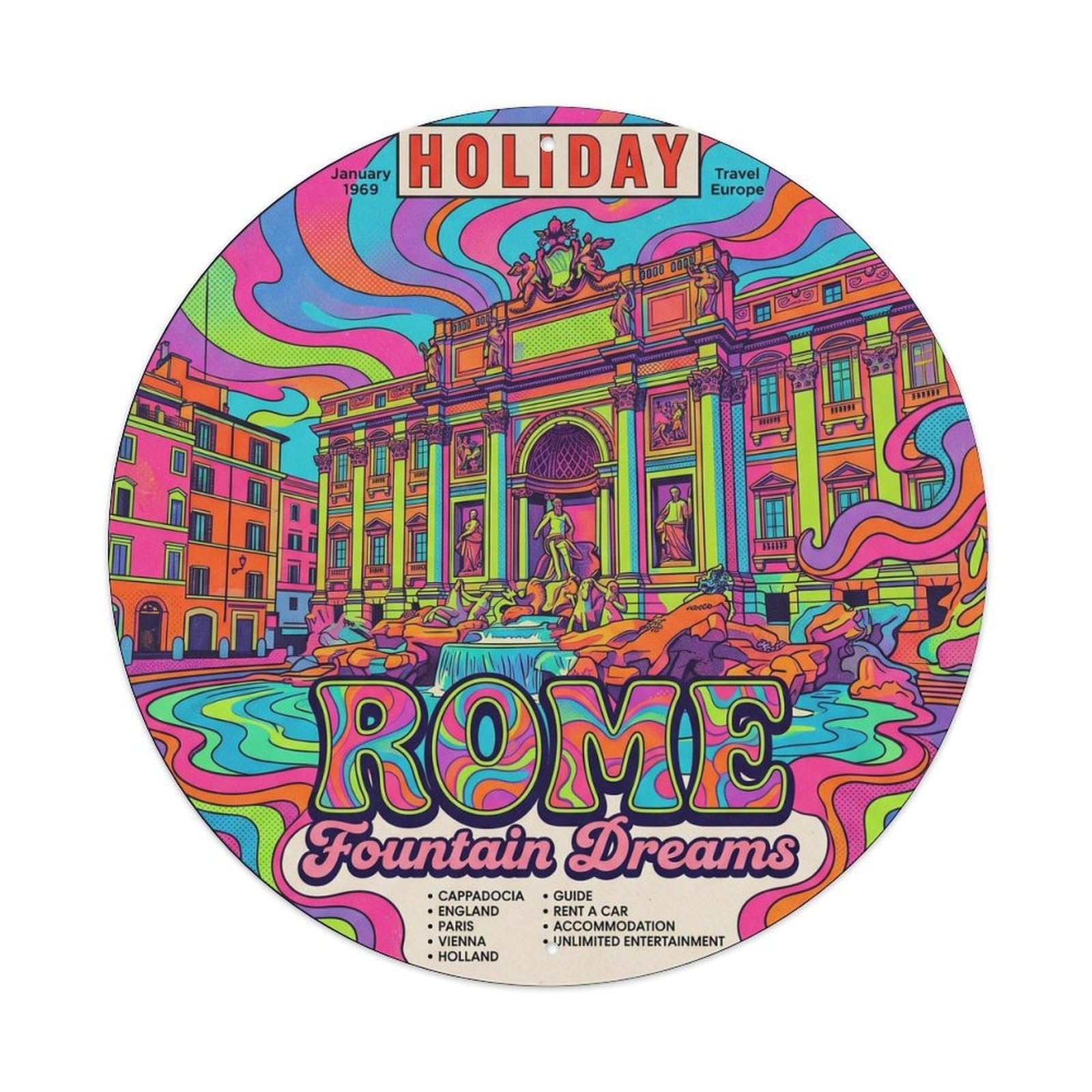 Yrnq Vintage Style Vintage Travel Rome Fountain Journey Vintage Metal Tin Sign Plaque Wall Decor For Cafe, Club, Garden Round Metal Poster 8X8inch