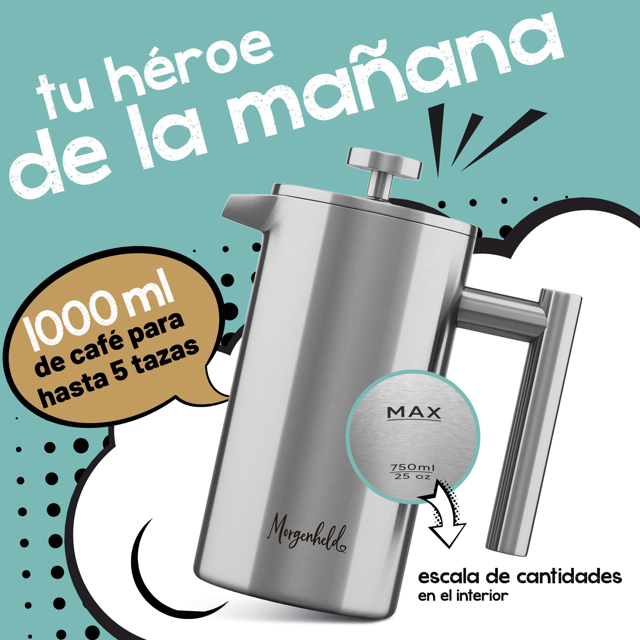 Morgenheld French Press de Acero Inoxidable 1000 ml – cafetera de émbolo 5 tazas con jarra térmica de doble pared – apta para inducción – con escala de medición interior