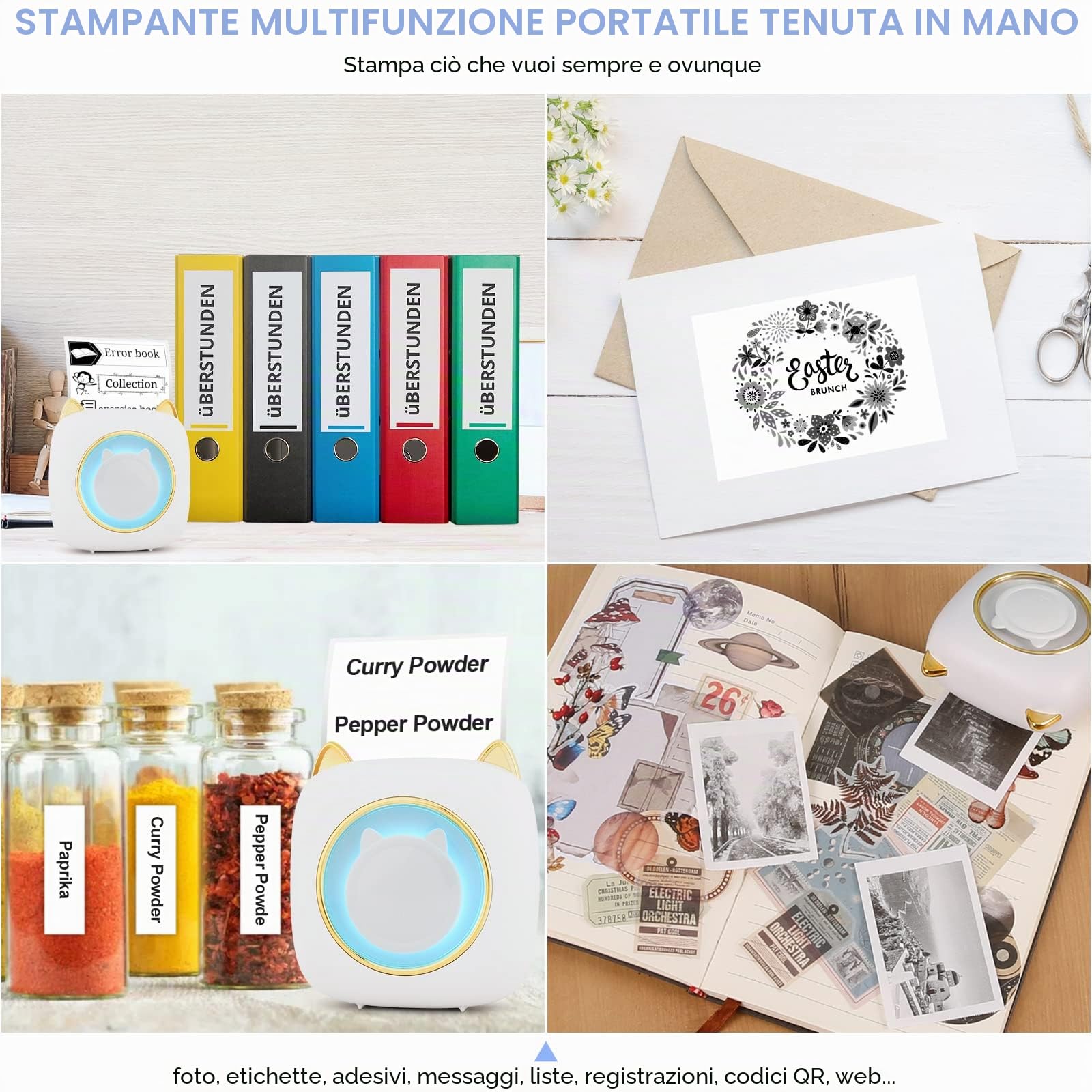 GuKKK Mini Stampante Fotografica, Mini Stampante Termica con LED colorati, Stampante Fotografica Istantanea Portatile, Mini Stampante Termica Bluetooth Ricarica USB, per Note, Diario, Elenco