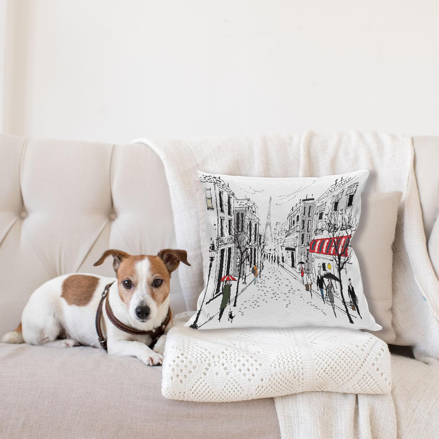 Ambesonne Paris Throw Pillow Cushion Cover, Old French Pedestrians Stores Trees and The Silhouette of Eifffel Urban Illustration, Decorative Square Accent Pillow Case, 24" X 24", Gray White