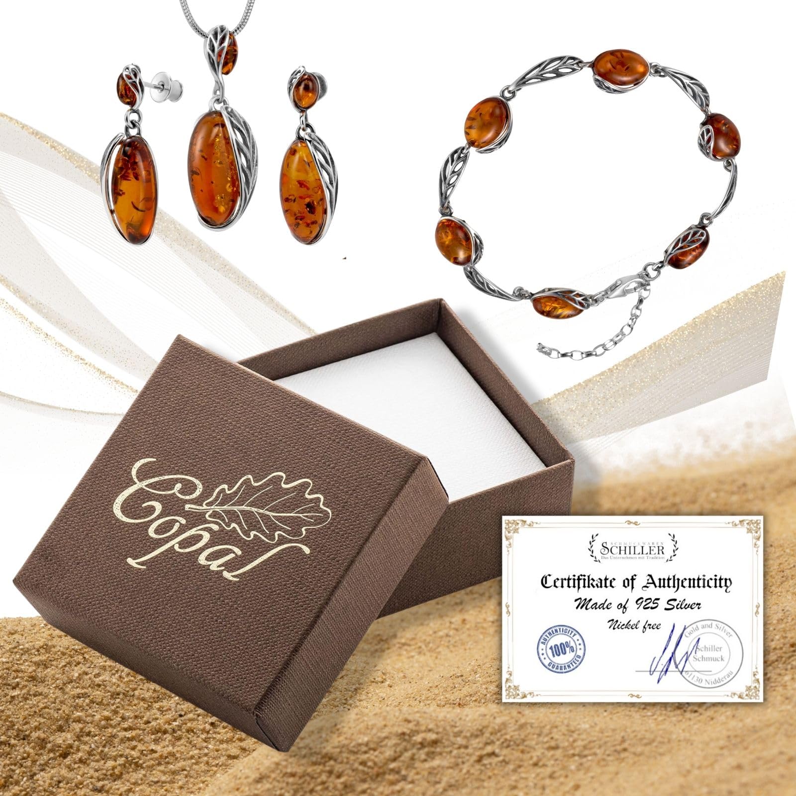 Copal 3-Teiliges Damen Schmuckset Aus Sterlingsilber Mit Bernstein Halskette Ohrringe Und Armband
