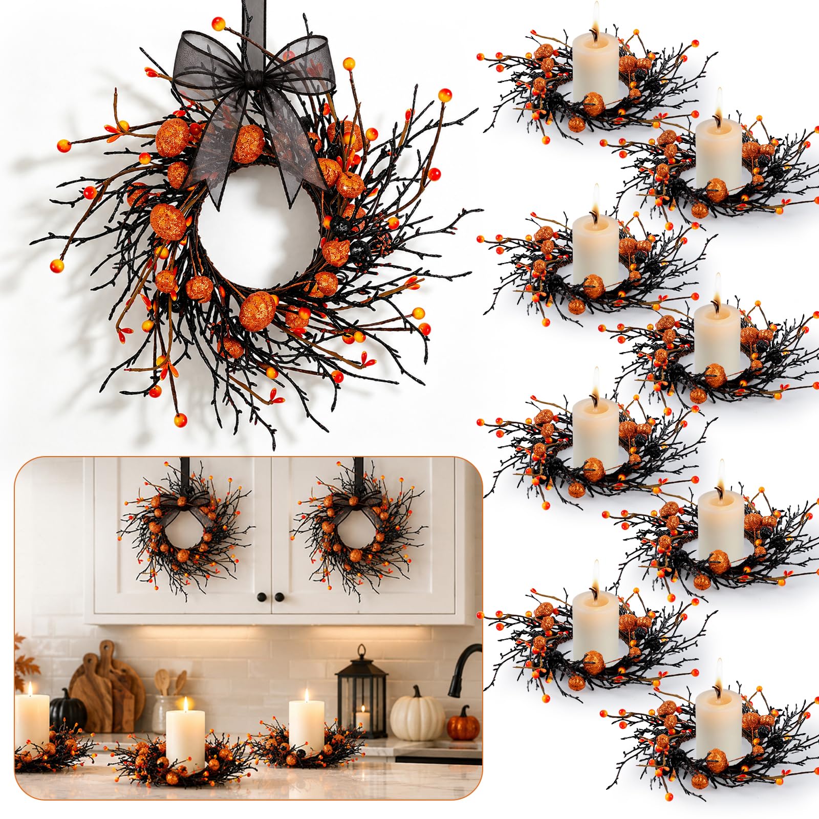 8 PCS Mini Halloween Candle Rings Berry Pumpkin Wreath for Kitchen Cabinet